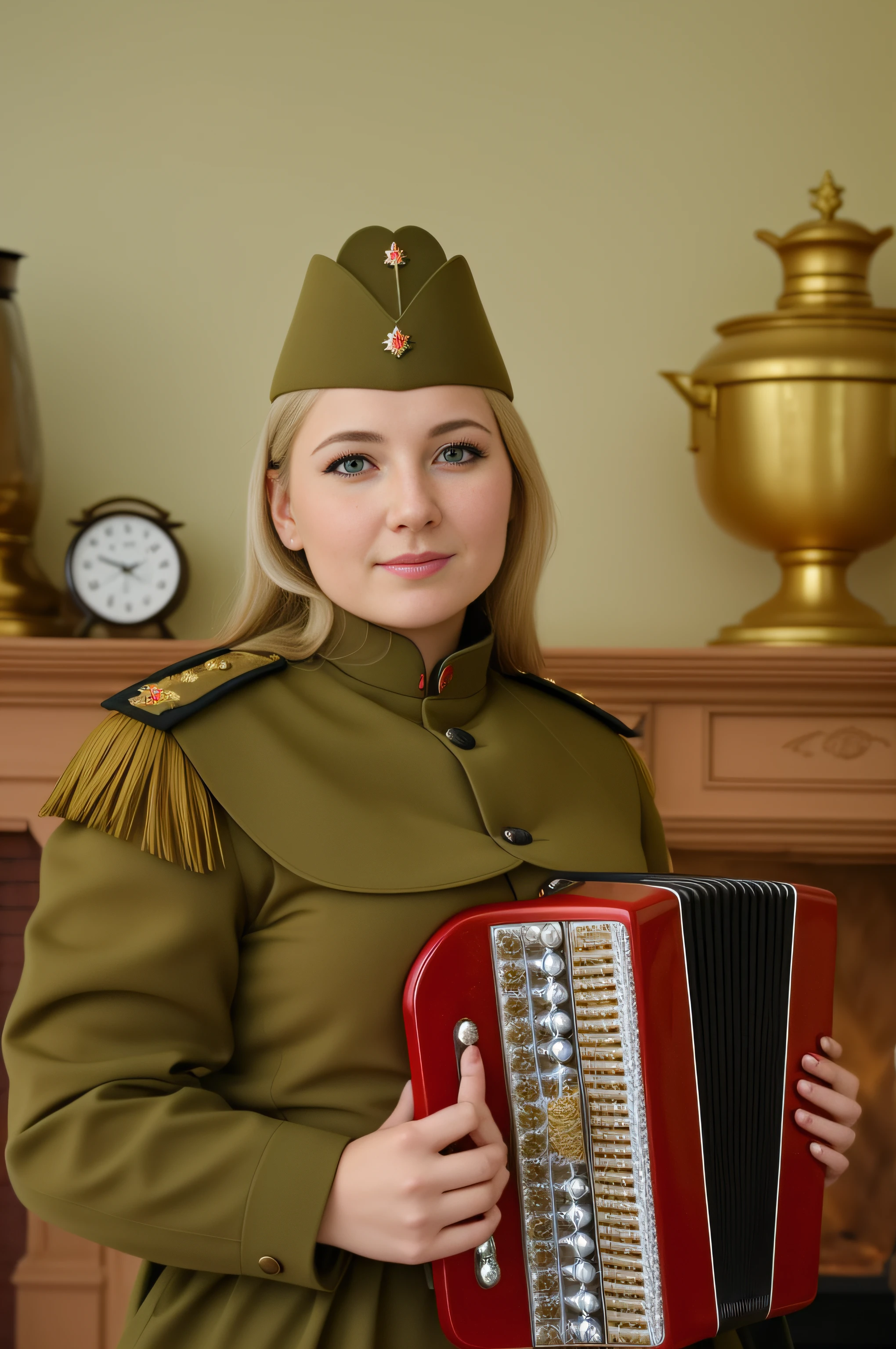 A woman in uniform holds an accordion in front of the fireplace, alexandra fomina, anna nikonova, hrushevka on background, yelena belova, Wearing Russian clothes from the 1st World War, moleksandra shchaslyva, svetlana belyaeva, nadezhda tikhomirova, anastasia ovchinnikova, olga zakharova