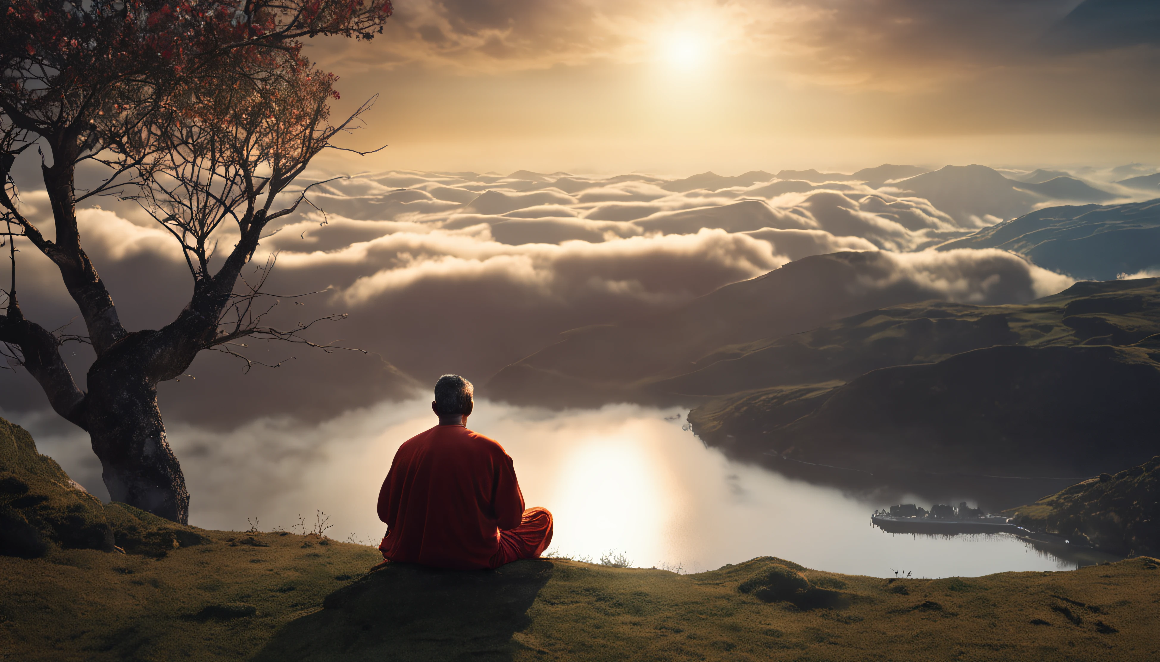 Mature monk sitting in meditation position, contemplando um horizonte lindo com o sol se pondo, Man is in deep connection with the divine, The landscape is ultra detailed, homem ultra realista, tudo bem detalhado e lindo, ultra qualidade. Realismo 8K