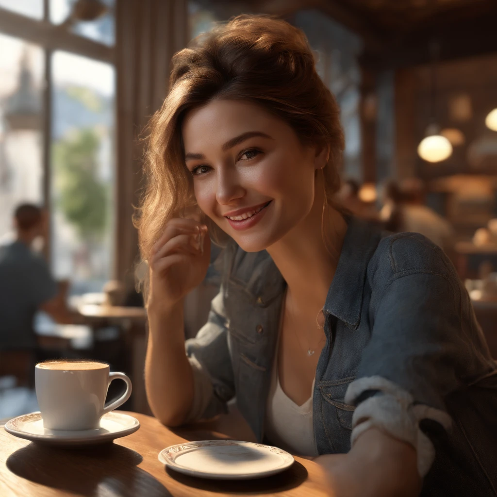 (best quality ),(masterpiece),(ultra detailed), ultra high res, (super fine illustration),Casual breakfast style, jeans and t-shirt. Smiling while holding a coffee cup and reading a newspaper at a table in a cafe. A pose that expresses the calm morning atmosphere and cafe culture. , (concept art by Carne Griffiths ) ,stunningly noble, stunningly beautiful ,absurdres,3d render, octane render, approaching perfection , highly detailed clothes ,intricately detailed ,8 life size ,thicc body ,perfect ??????? ,well groomed face ,highly detailed beautiful hair , highly detailed hairstyle, symmetrical and balanced, beautiful gradient , sharp focus, 4k resolution, golden ratio, Centered image, Beautiful Composition, symmetrical and balanced, japanese lady
