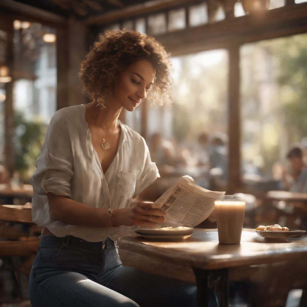 (best quality ),(masterpiece),(ultra detailed), ultra high res, (super fine illustration),Casual breakfast style, jeans and t-shirt. Smiling while holding a coffee cup and reading a newspaper at a table in a cafe. A pose that expresses the calm morning atmosphere and cafe culture. , (concept art by Carne Griffiths ) ,stunningly noble, stunningly beautiful ,absurdres,3d render, octane render, approaching perfection , highly detailed clothes ,intricately detailed ,8 life size ,thicc body ,perfect anatomy ,well groomed face ,highly detailed beautiful hair , highly detailed hairstyle, symmetrical and balanced, beautiful gradient , sharp focus, 4k resolution, golden ratio, Centered image, Beautiful Composition, symmetrical and balanced, japanese lady