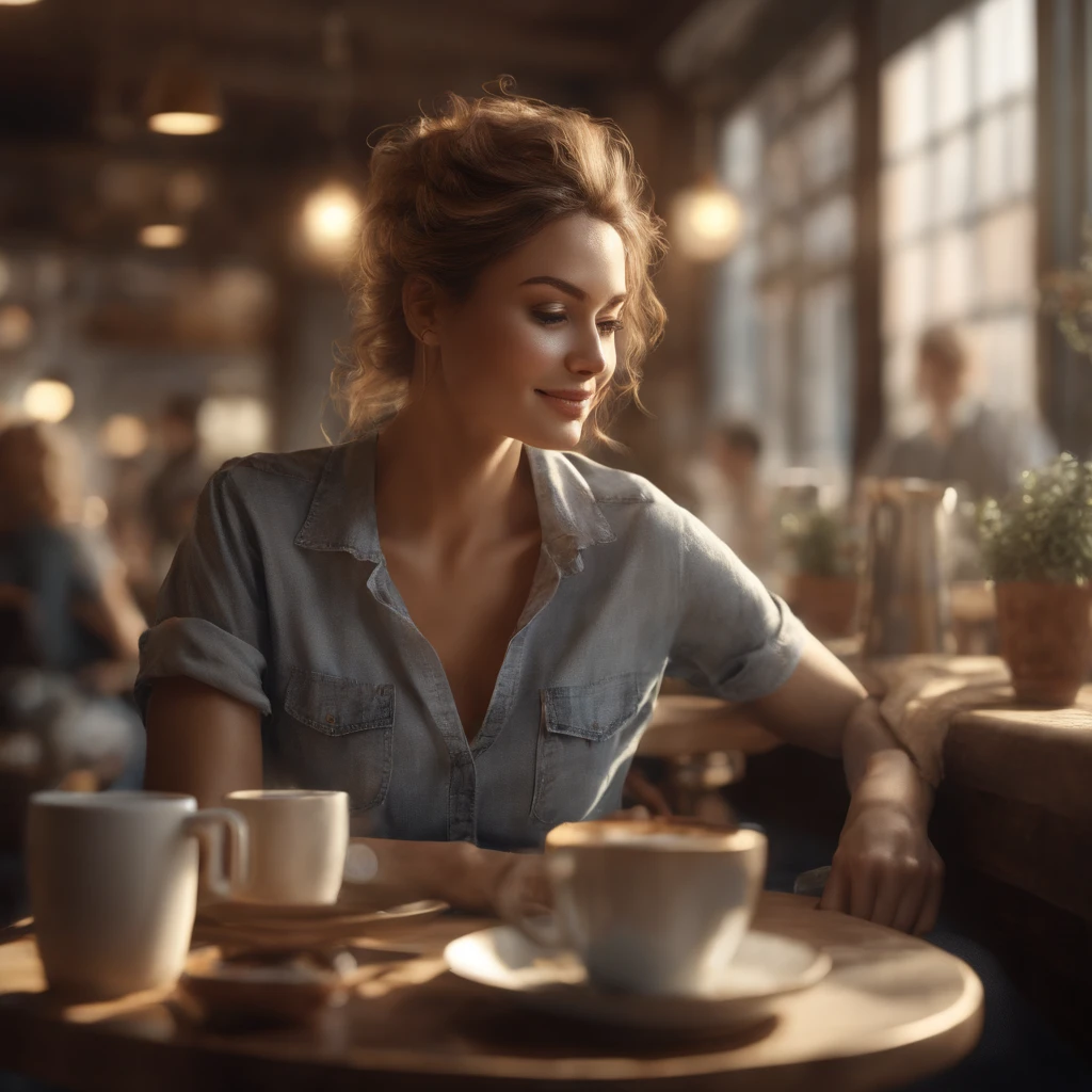 (best quality ),(masterpiece),(ultra detailed), ultra high res, (super fine illustration),Casual breakfast style, jeans and t-shirt. Smiling while holding a coffee cup and reading a newspaper at a table in a cafe. A pose that expresses the calm morning atmosphere and cafe culture. , (concept art by Carne Griffiths ) ,stunningly noble, stunningly beautiful ,absurdres,3d render, octane render, approaching perfection , highly detailed clothes ,intricately detailed ,8 life size ,thicc body ,perfect anatomy ,well groomed face ,highly detailed beautiful hair , highly detailed hairstyle, symmetrical and balanced, beautiful gradient , sharp focus, 4k resolution, golden ratio, Centered image, Beautiful Composition, symmetrical and balanced, japanese lady