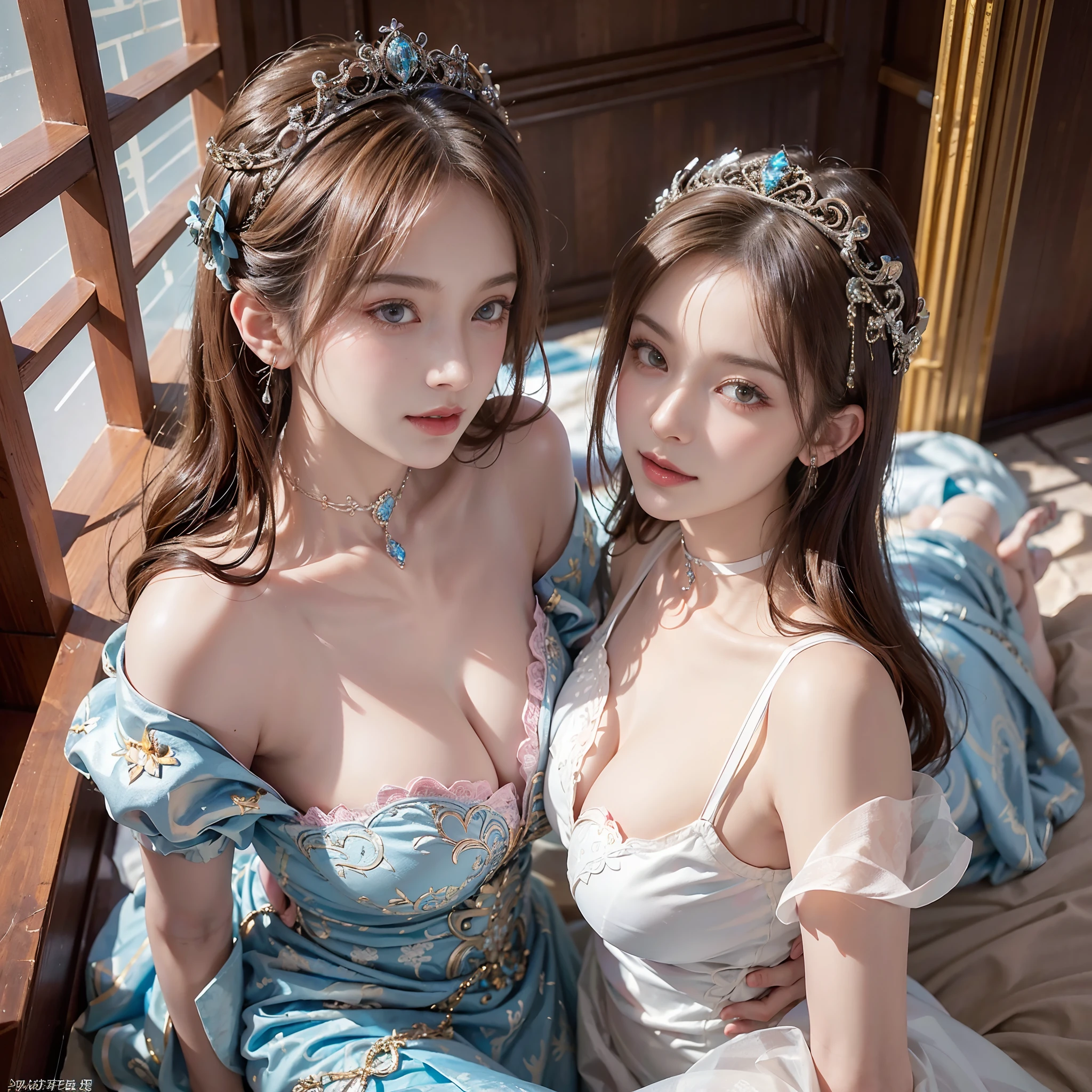 Arapefi, (2 girls,(One of them wore a pink princess dress,1.5,),(The other wears a blue princess dress,1.5)), Cuddle together,Look up at the camera, wearing high heels,Wear a crown,choker necklace,ssmile,Close up from above,next to a window, In the castle, Sense of transparency,(oversized boobs,1.5),Expose cleavage,Turn around and look at the camera,tmasterpiece,Flawless,Sense of transparency,Empty inspiration,More details and decoration,Exposing thighs,8K,(Wear decorations such as rings,1.9),White-colored skin,Ornate ornament,White waist stockings,(Dissection is correct,PremiumQuality, high detal, Masterpiece)