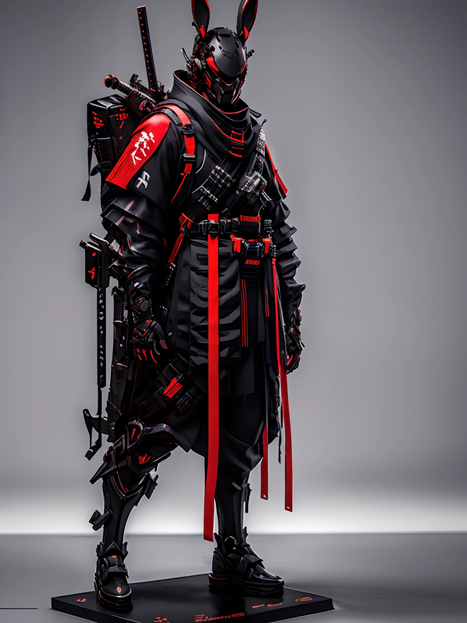 Dark fantasy full body a realistic rabbit samurai with high-resolution red, grey and black, rabbit head, tactical suit, mech details, techwear