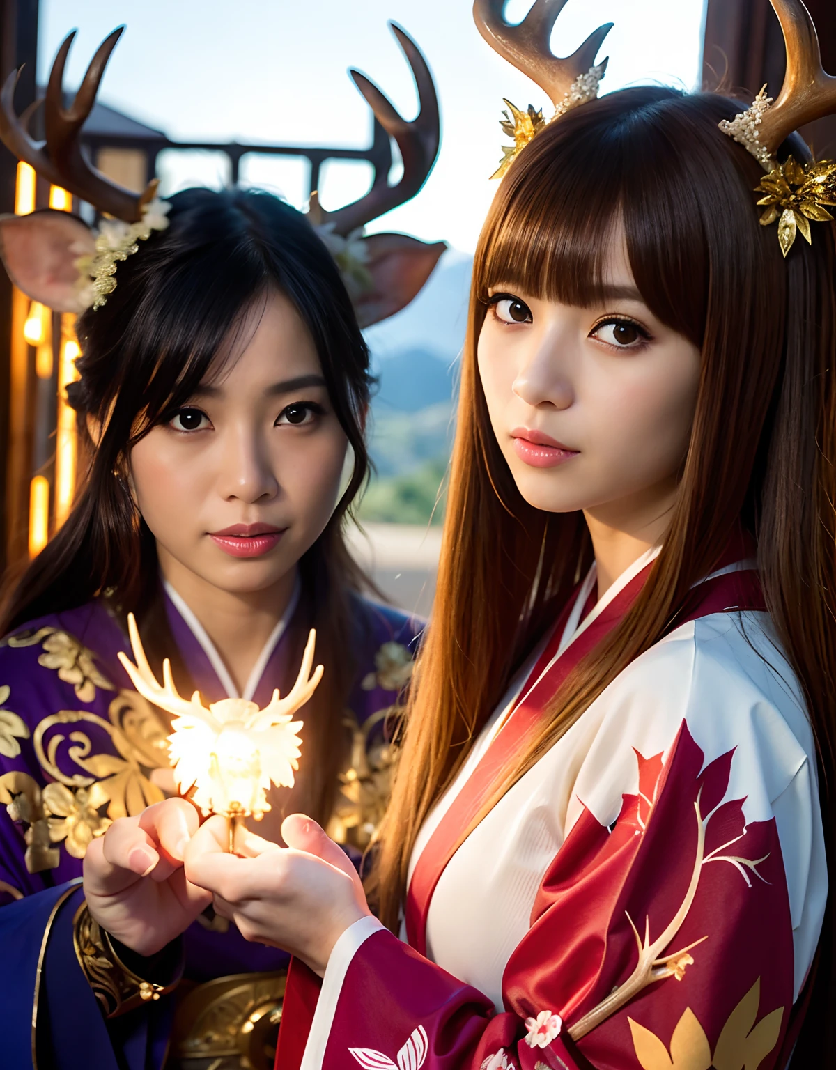 ((World of Darkness)),Professional , masterpiece、top-quality、photos realistic , depth of fields 、(Maiko's hairstyle)、(Maple background in full bloom),(Ultimate Beauty)、Red-haired、(Fight ninjas)、(Kimono with beautiful pattern)、(Night background)、((a dark night)),(Wear a beautiful kimono),(Wear a beautiful kimono with colorful floral patterns)、Jewel Gold Weapon、Particles of light),(Castle background)、Gorgeous gold weapons ,(( Gorgeous weapon Dragon Sword)) , (a dark night),,(maikurobikini) 、((Black Haired Beautiful Girl))、(Castle background)、(demonic wings)、((Gangle's forest background))、Beautiful Caucasian beauty、1a person、dynamic ungle,(((Two deer antlers on the head)))、Smaller head、Idle Smile、Thin and beautiful female hands、Mystical expression、Light Effects、intense fighting、Wind-effect、magic circles、With the legendary magic wand、Dragon's tail、Anatomically correct body、