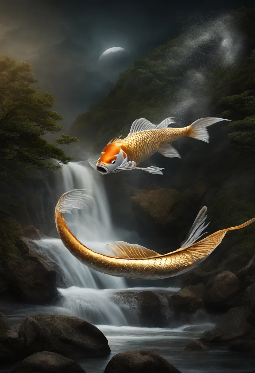 dim moonlit night ,In Japanese legend, a carp climbs a waterfall and becomes a oriental dragon (an auspicious creature in Chinese mythology), 🐲. koi fish, carp (esp. the Japanese carp, Cyprinus carpio), The carp swims towards the upper reaches of the waterfall, the dragon ascends to the sky, High waterfalls, cascades, rocks, splashes, spray. electronic circuit pattern, (Best quality), (masterpiece:1.3), ultra-detailed, (realistic), (photorealistic), Modest exposure, hyper realistic 3D photographers, dynamic lights, (very detailed CG unity 8k wallpaper), trending on ArtStation, trending on CGSociety, High Detail, Sharp focus, dramatic, photorealistic, hyper realistic 3d