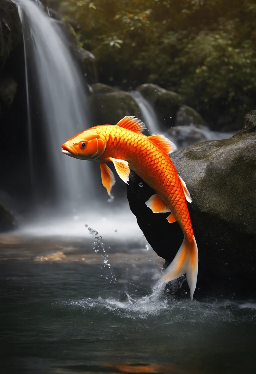 dim moonlit night ,In Japanese legend, a carp climbs a waterfall and becomes a oriental dragon (an auspicious creature in Chinese mythology), 🐲. koi fish, carp (esp. the Japanese carp, Cyprinus carpio), The carp swims towards the upper reaches of the waterfall, the dragon ascends to the sky, High waterfalls, cascades, rocks, splashes, spray. electronic circuit pattern, (Best quality), (masterpiece:1.3), ultra-detailed, (realistic), (photorealistic), Modest exposure, hyper realistic 3D photographers, dynamic lights, (very detailed CG unity 8k wallpaper), trending on ArtStation, trending on CGSociety, High Detail, Sharp focus, dramatic, photorealistic, hyper realistic 3d