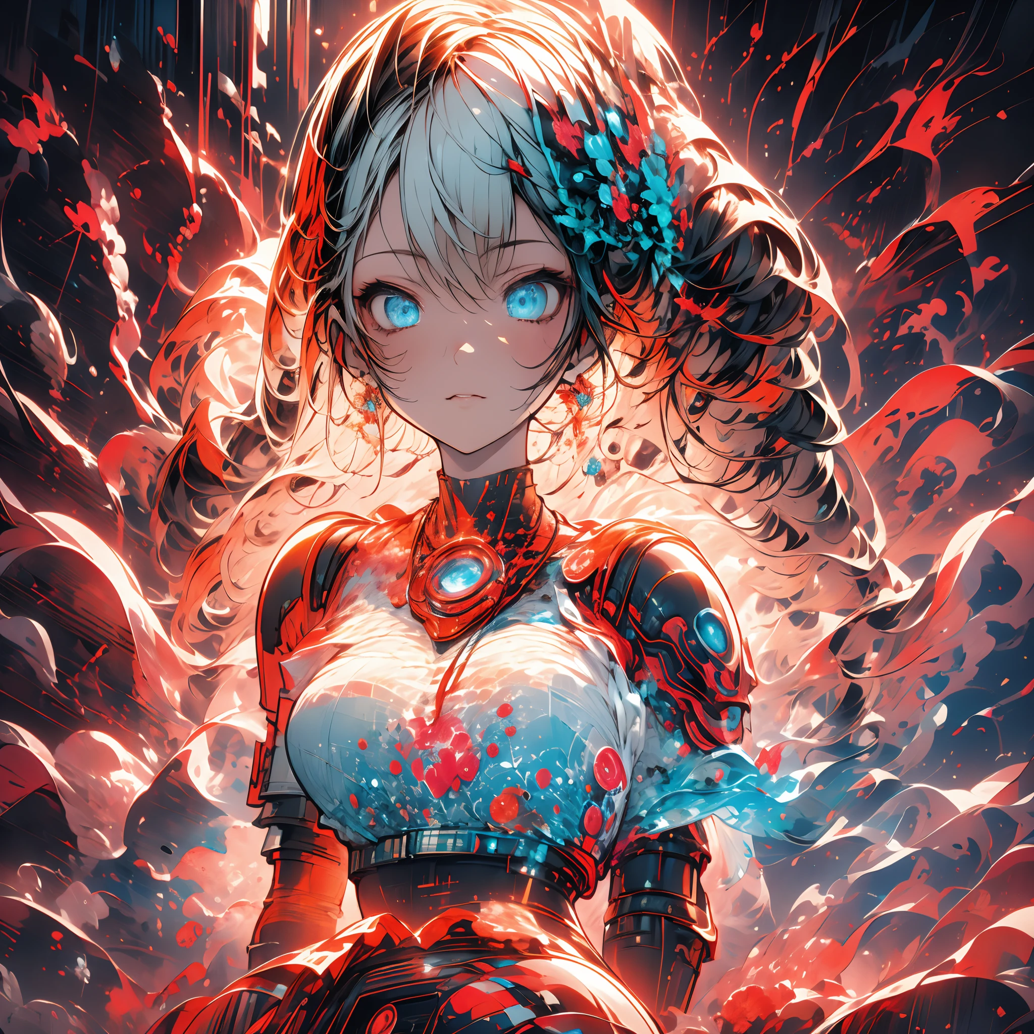 (Midjourney style), (Best illustrative quality 8k), (better details), (beautiful expressive eyes), (short white hair :0.6), eyes (red), wearing a red robotic suit, mechanical arms, robotic legs, robotic body, low lighting, beautiful detailed landscape of a nice place, eye details, face details, background details, mid-ride, detailed hands, full body, high level of detail,