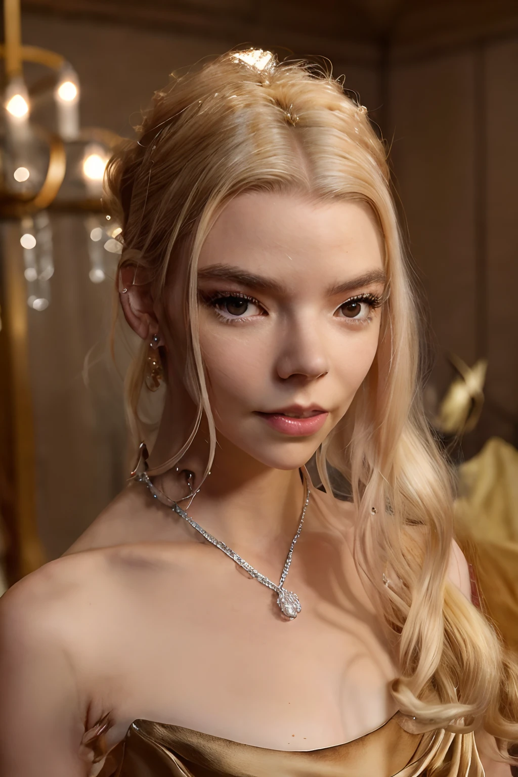 Anya Taylor-Joy just stole the show yet again with her beautiful dress on the Emmys 2021red carpet, smile, Best quality, masterpiece, ultra high res, (photorealistic:1.4), raw photo, 1girl, The actor opted for a dramatic Christian DiorHaute Couture design: a champagne halterneck dress worn with a long, golden yellow shawl, very slim figure, blond hair, Her hair was styled in an elegant high bun, and she finished the look with silver Elsa Peretti Diamonds by the Yard jewellery from Tiffany & Co, beautiful lighting, sharp focus, 8k, high res