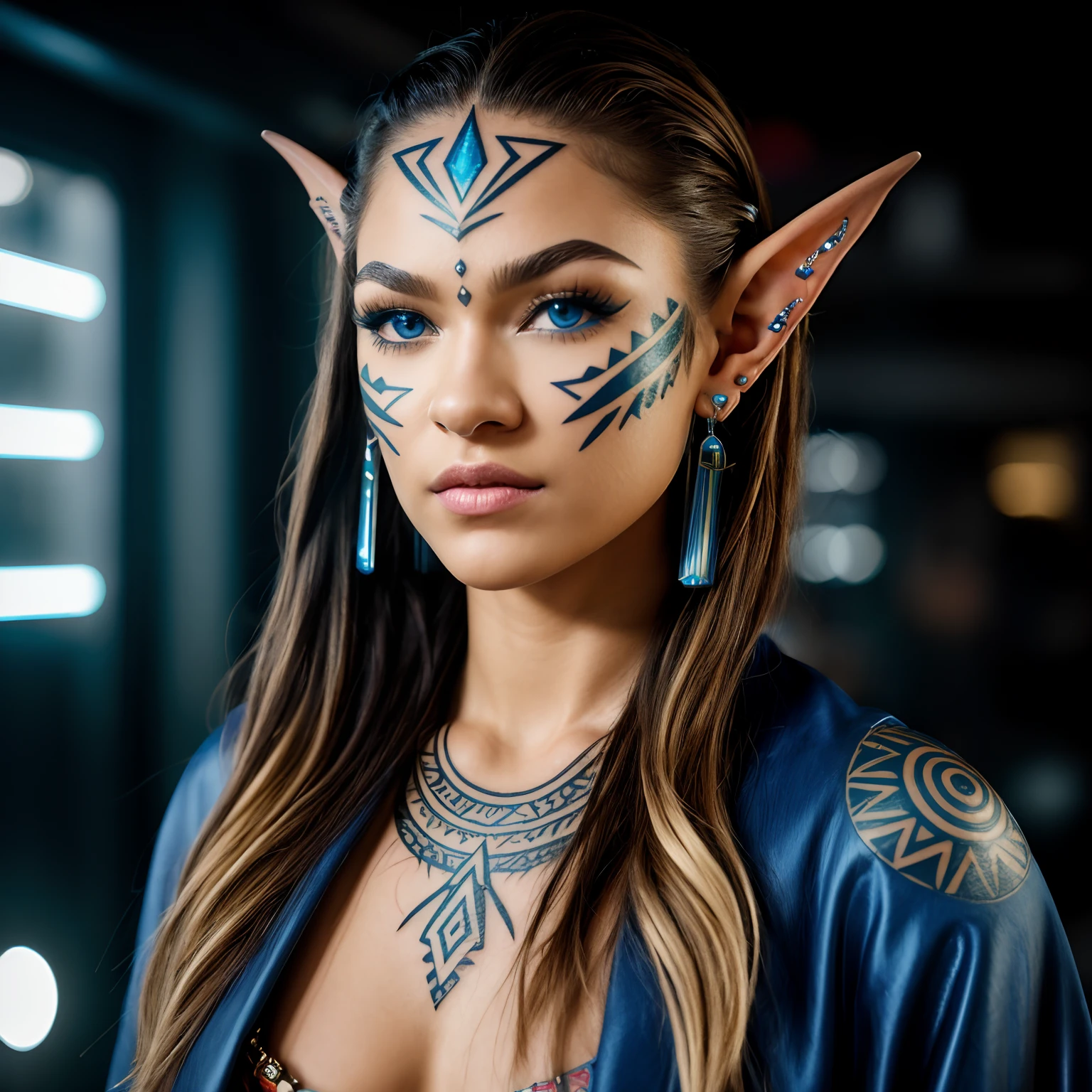 Masterpiece, Young Zendaya as a beautiful young female elf BREAK (((Short blonde Baids))) BREAK (((Tribal face Tattoos))), BREAK (((Tribal Cheek Tattoos))), BREAK (((face piercings))), (((pointy elf ears))) BREAK (((glowing blue eyes))), BREAK  (((Full Body Shot))), Wearing a Cyberpunk inspired Kimono BREAK In A room with a mirror, BREAK ((Best quality)), ((masterpiece)), (highly detailed:1.3), 3D, beautiful (cyberpunk:1.3), bold colours and patterns, eye-catching accessories, trendy and innovative hairstyle, vibrant makeup, neon signs, LED lights, bright and vivid color scheme, detailed skin texture, detailed cloth texture, beautiful detailed face, intricate details, ultra detailed, best quality, ultra high res, (photorealistic: 1.4), Raw photo, by Ellen von Unwerth, Nikon D850 Film Stock Photography, F1.6 Lens, Rich Colors, Realistic, Cinestill 800, backlight, rimlighting, studiolighting