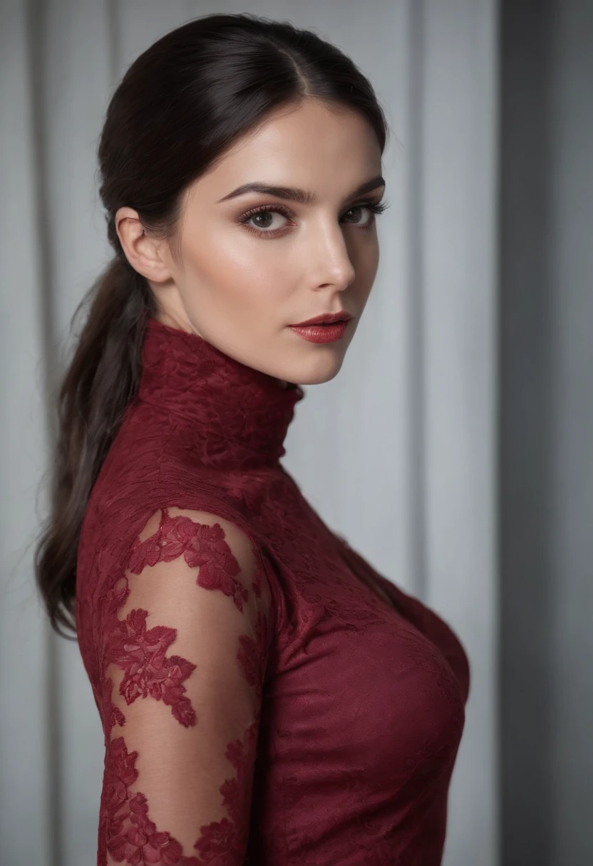 emilisia gomezi, tall, gorgeous, spanish descent, age 23, smooth skin, black hair. red color turtle neck, black fitting pants, simple silver necklace, working at the underground base, highly detailed, well lit, 8k, reviewing artifacts, holding a long whip. amazing detail, slim curvy, tall, wearing red, cleavage, lace dress, sexual pose
