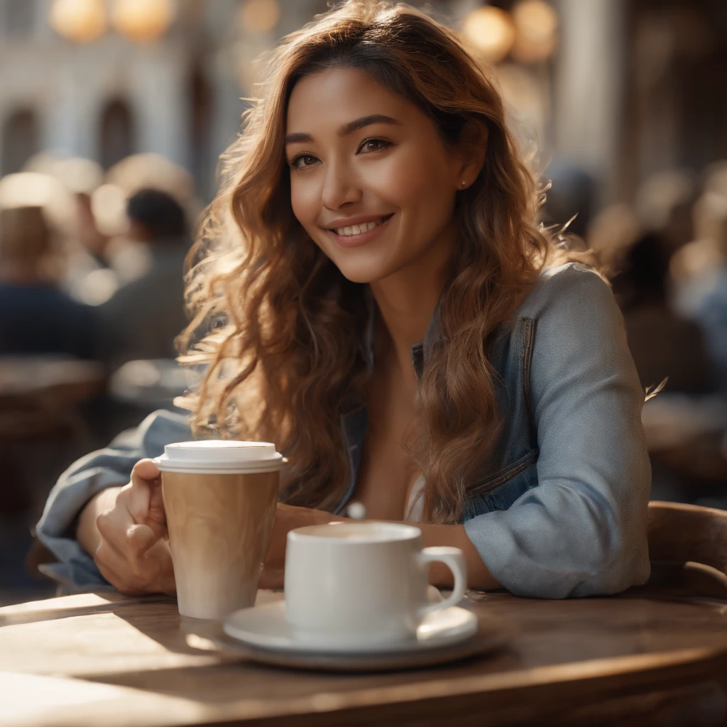 a 24 year old white woman, beautiful body, long straight brown hair and brown eyes, white crop top, sitting, coffee shop, sunlight, flirts with the camera, drinking coffee