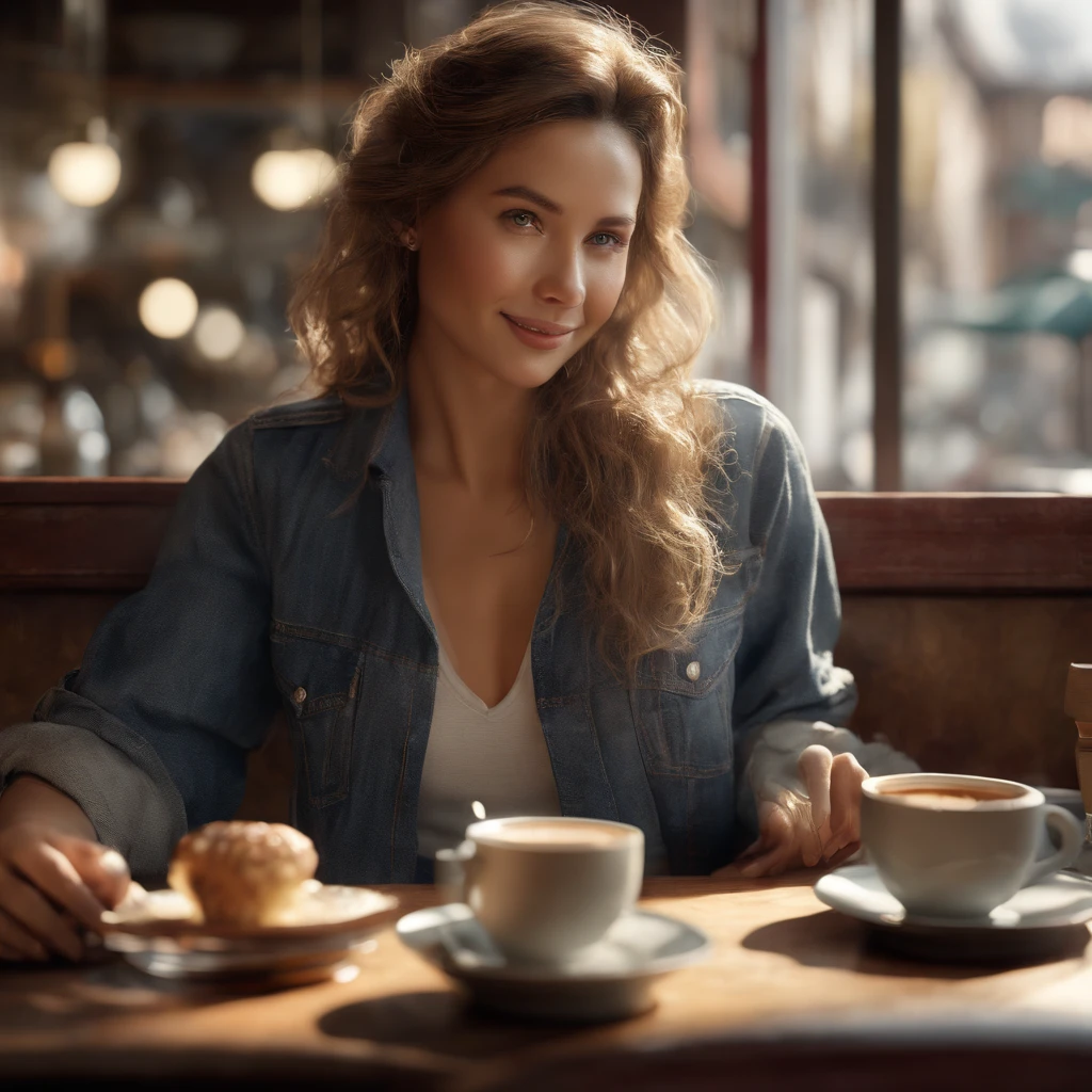 (best quality ),(masterpiece),(ultra detailed), ultra high res, (super fine illustration),Casual breakfast style, jeans and t-shirt. Smiling while holding a coffee cup and reading a newspaper at a table in a cafe. A pose that expresses the calm morning atmosphere and cafe culture. , (concept art by Carne Griffiths ) ,stunningly noble, stunningly beautiful ,absurdres,3d render, octane render, approaching perfection , highly detailed clothes ,intricately detailed ,8 life size ,thicc body ,perfect anatomy ,well groomed face ,highly detailed beautiful hair , highly detailed hairstyle, symmetrical and balanced, beautiful gradient , sharp focus, 4k resolution, golden ratio, Centered image, Beautiful Composition, symmetrical and balanced, japanese lady., kanna hashimoto