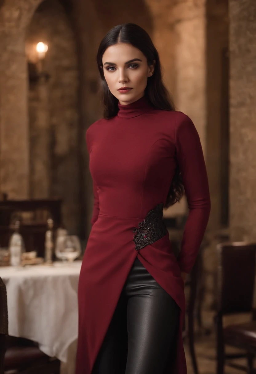 emilisia gomezi, tall, gorgeous, spanish descent, age 23, smooth skin, black hair. red color turtle neck, black fitting pants, simple silver necklace, working at the underground base, highly detailed, well lit, 8k, reviewing artifacts, holding a long whip. amazing detail, slim curvy, tall, wearing red, cleavage, lace dress, in a restaurant, at the table