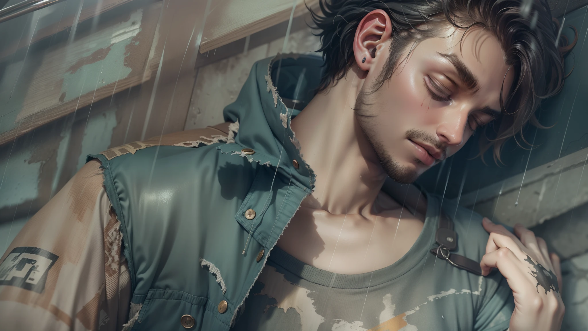 A young man sleeps in the street,The rain fell on her tattered clothes
