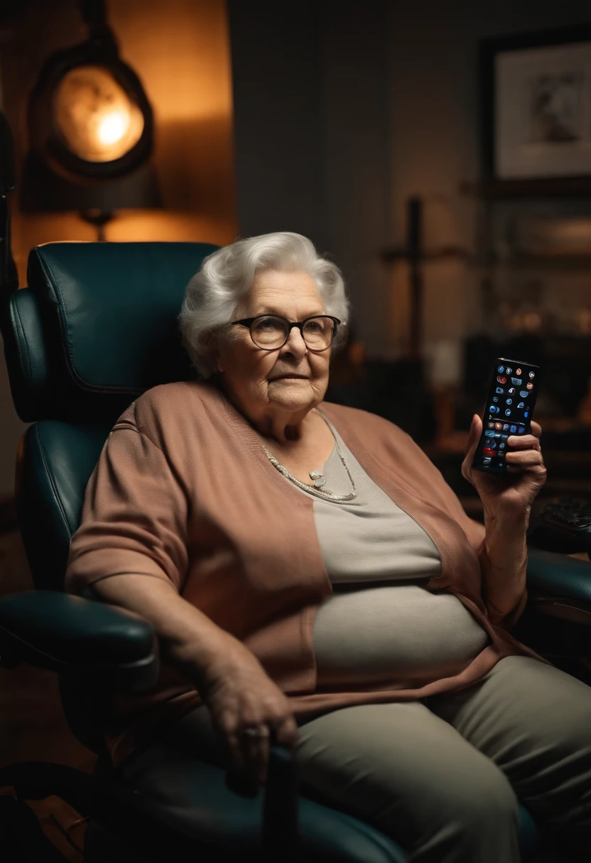 elderly woman in her 80s, very obese, sitting in a gaming chair, in a gaming room, glasses, horizontal cell phone in her hand, realistic, looking directly at the camera, hd, 8k