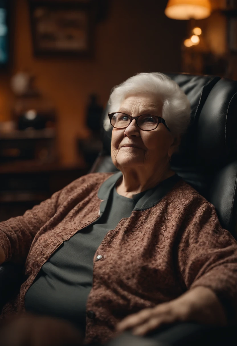 elderly woman in her 80s, very obese, sitting in a gaming chair, in a gaming room, glasses, horizontal cell phone in her hand, realistic, looking directly at the camera, hd, 8k