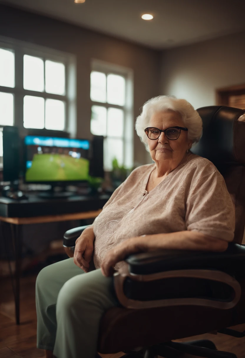 elderly woman in her 80s, very obese, sitting in a gaming chair, in a gaming room, glasses, horizontal cell phone in her hand, realistic, looking directly at the camera, hd, 8k