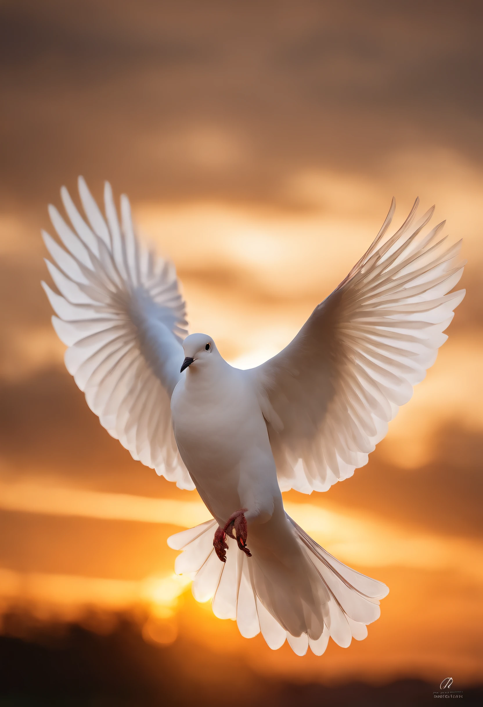 Por favor, Create an image of a white house dove that is floating gently in the air, as though she is dancing. I want the image to convey a sense of hope and tranquility. The house dove should look light and graceful, com asas brancas amplas que se movem suavemente. The surrounding scenery should be serene, with a clear blue sky and some fluffy clouds. A luz do sol deve iluminar a cena, criando um ambiente acolhedor e reconfortante. Por favor, ensure the image conveys a sense of optimism and promise of a better future. Ultrarealista, 8k, fotorrealista