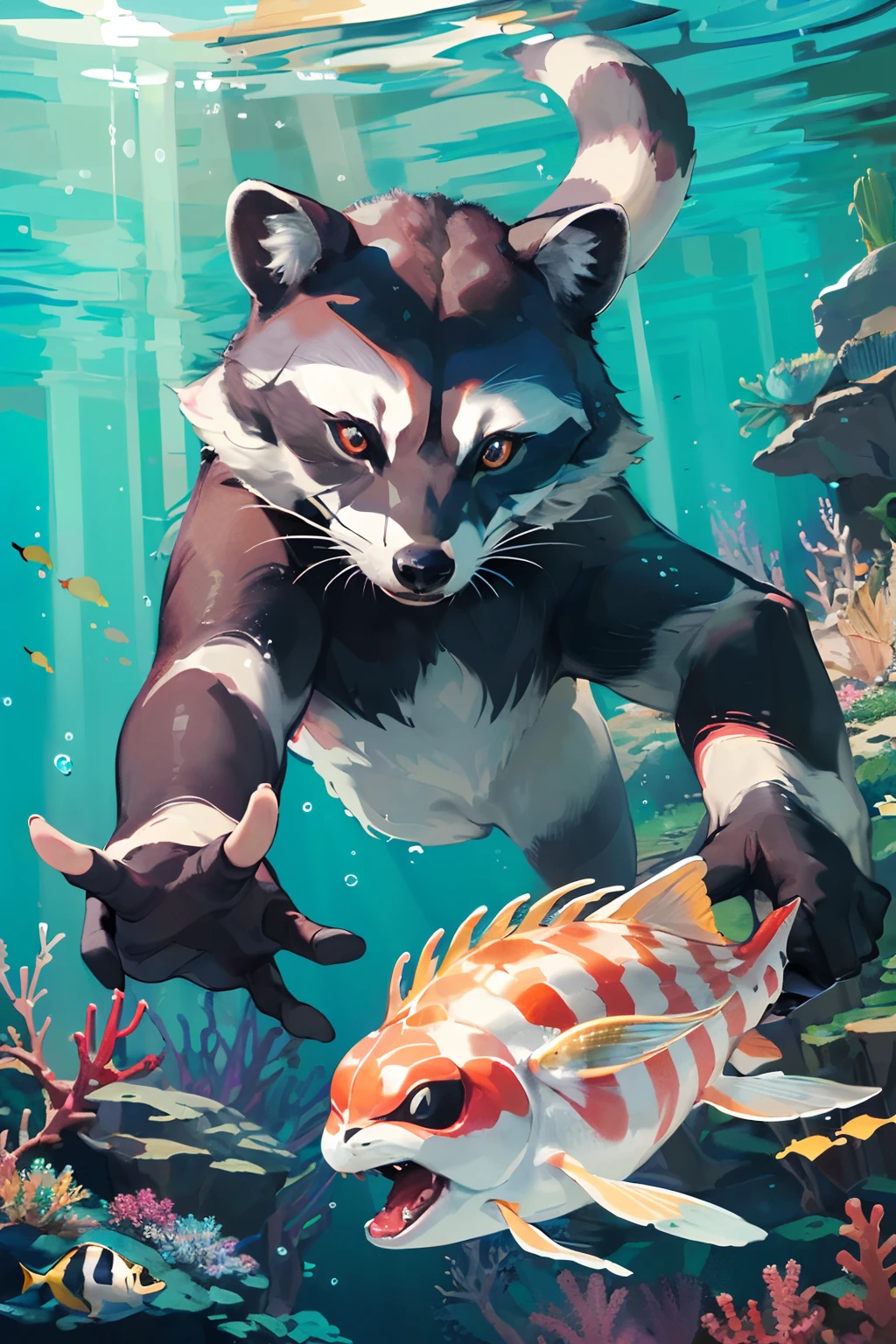 (best quality,4k,8k,highres,masterpiece:1.2),ultra-detailed,(realistic,photorealistic,photo-realistic:1.37),raccoon in the underwater world, colorful bubbles,bright colors, underwater lighting, vibrant marine flora and fauna, playful raccoon swimming gracefully among the coral reefs, radiant sunlight penetrating the crystal-clear turquoise water, mesmerizing shimmering water reflections, the raccoon adorned with a waterproof diving goggles and a snorkel tube, adorable paws gracefully navigating through the water, iridescent bubbles surrounding the raccoon as it explores the enchanting underwater kingdom, vibrant hues of orange, purple, and blue blending harmoniously, coral formations embellished with a multitude of textures and vivid colors, tiny schools of tropical fish darting through the sea, the raccoon's mischievous eyes filled with curiosity and wonder, soft rays of sunlight casting a warm glow on the underwater scene, the tranquil environment creating a peaceful and serene atmosphere, a sense of tranquility and adventure intertwined in the underwater world.