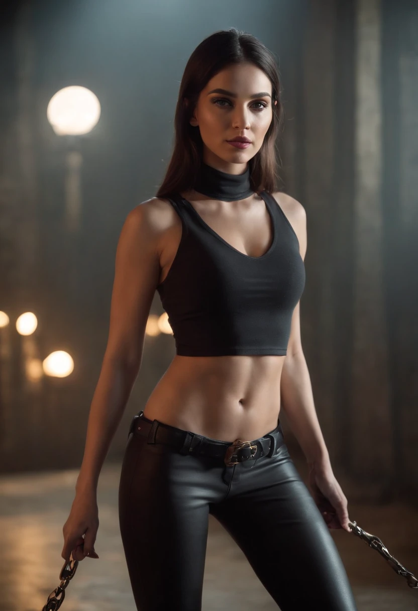 emilisia gomezi, tall, gorgeous, spanish descent, age 23, smooth skin, black hair. red color turtle neck, black fitting pants, simple silver necklace, working at the underground base, highly detailed, well lit, 8k, reviewing artifacts, holding a long whip. amazing detail, slim curvy, tall, wearing red, cleavage, leather