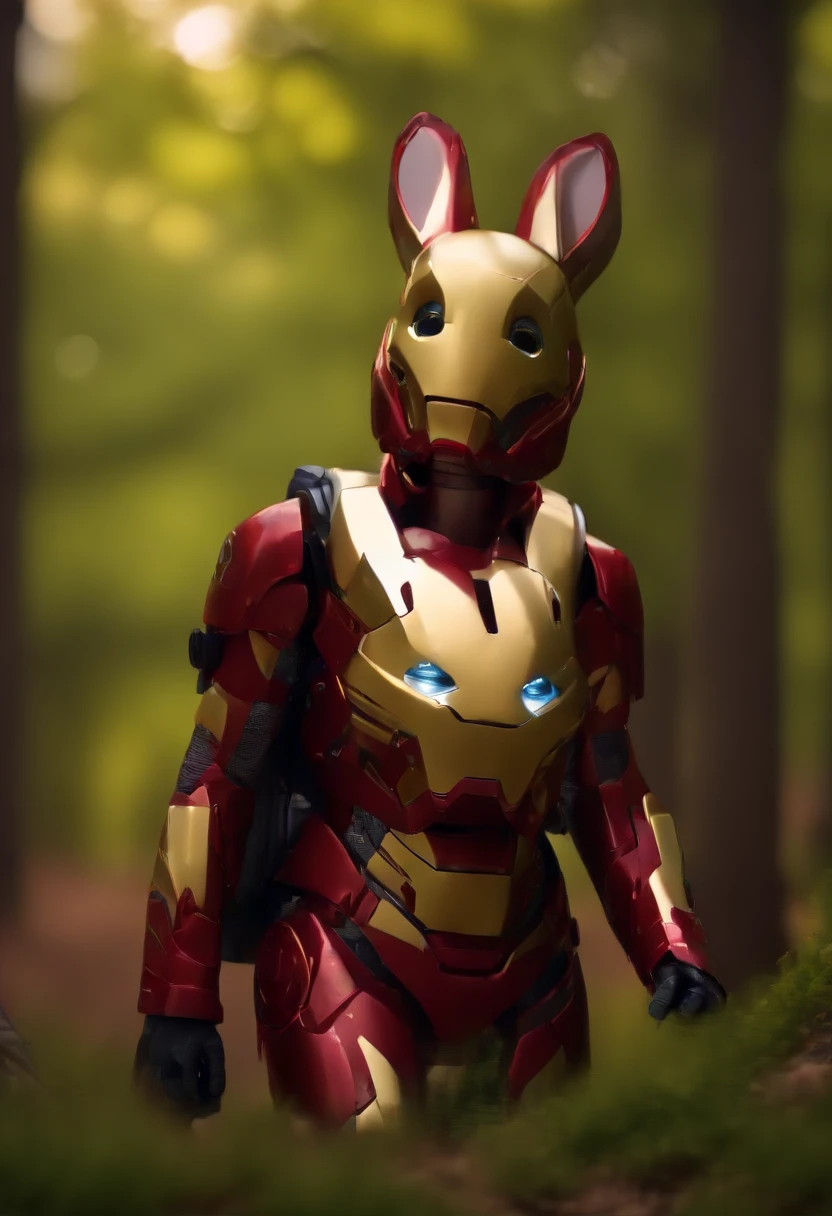 girl wearing iron man costume looking at the forest curiously with a backpack on her back and a rabbit beside her, (Masterpiece: 2.1) (Realistic: 1.2) (Bokeh) (Best quality) (Skin detail: 1.3) (Intricate detail) (8K) (Eye detail ) (sharp focus) 2.1