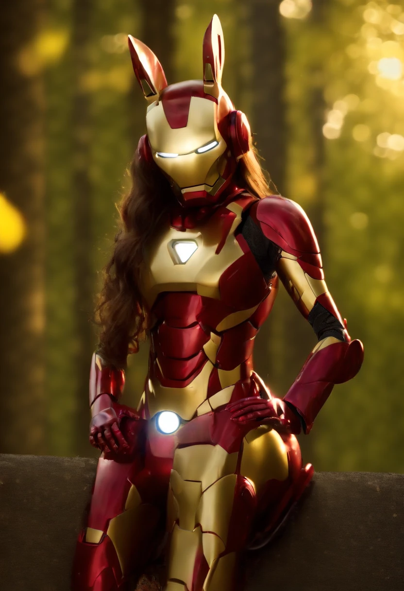 girl wearing iron man costume looking at the forest curiously with a backpack on her back and a rabbit beside her, (Masterpiece: 2.1) (Realistic: 1.2) (Bokeh) (Best quality) (Skin detail: 1.3) (Intricate detail) (8K) (Eye detail ) (sharp focus) 2.1