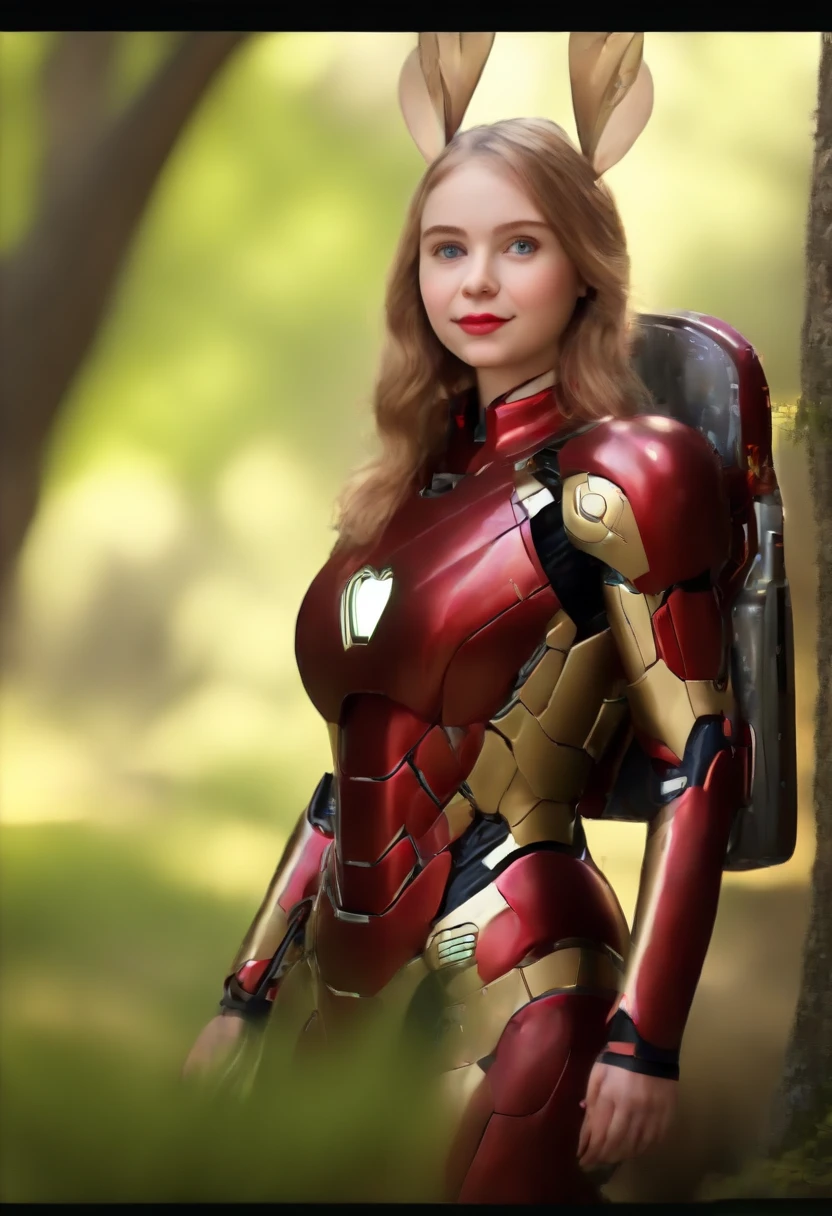 girl wearing iron man costume looking at the forest curiously with a backpack on her back and a rabbit beside her, (Masterpiece: 2.1) (Realistic: 1.2) (Bokeh) (Best quality) (Skin detail: 1.3) (Intricate detail) (8K) (Eye detail ) (sharp focus) 2.1