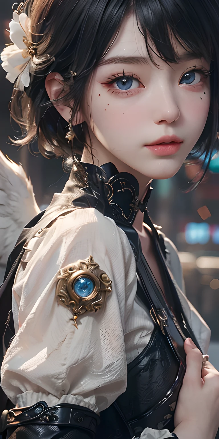 (With angel wings)1girll,The halo,angelicales,high high quality,tmasterpiece,Delicate facial features,Delicate hair,Delicate eyes,Guviz-style artwork, guweiz masterpiece, Stylized anime, Angelic face, steampunk angel, Loli, (softlighting:1.2) (beautiful detailed face),(美丽细致的眼睛)Eyes shine (blue eyes), hair between eye (black short hair with fringe) ,lusciouslips