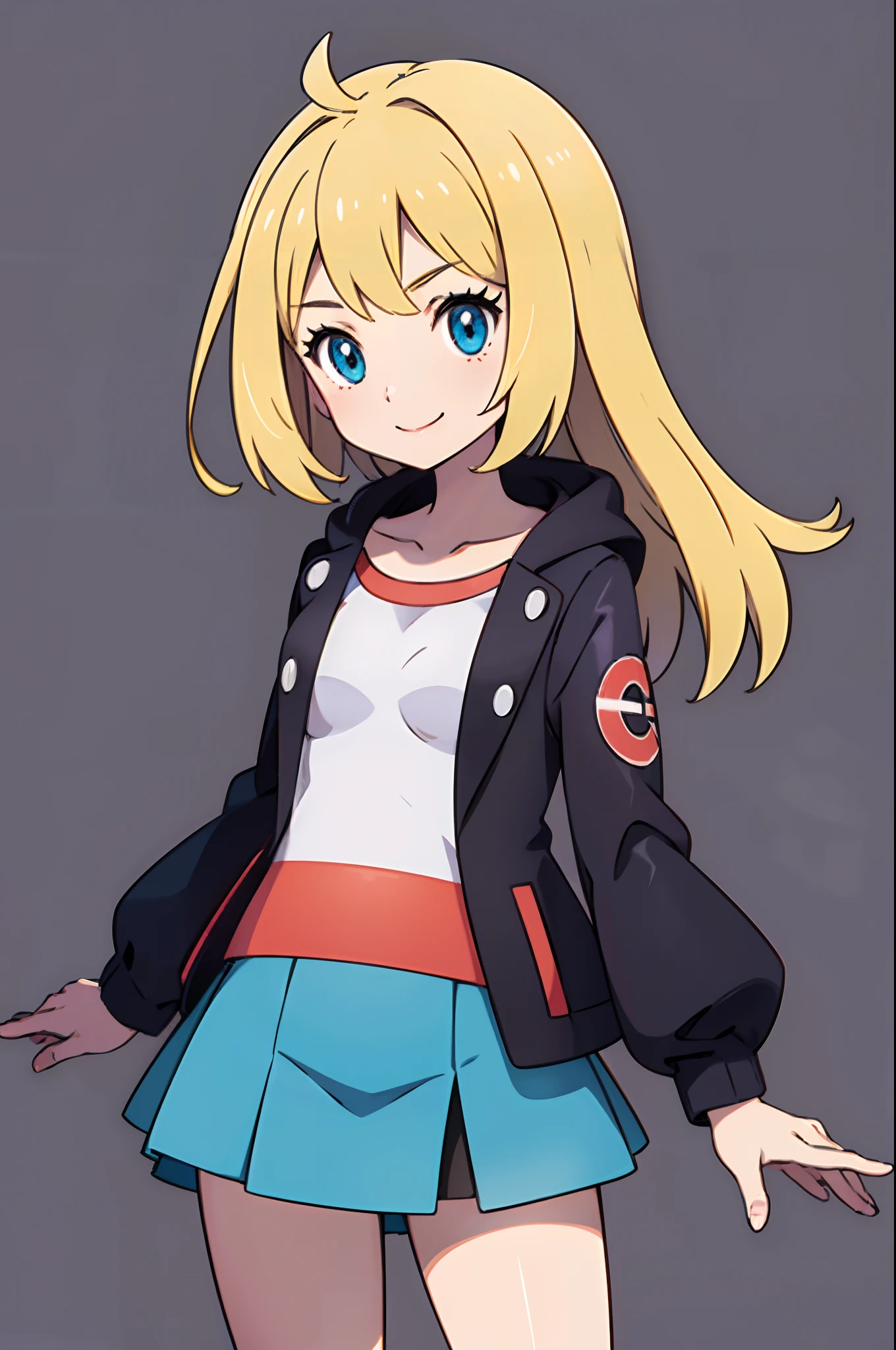 ​masterpiece, top-quality, Hi-Res,(1 girl in)、a miniskirt、(simple background:1.5),ssmile、pokemon style、a blond、Blue mini skirt