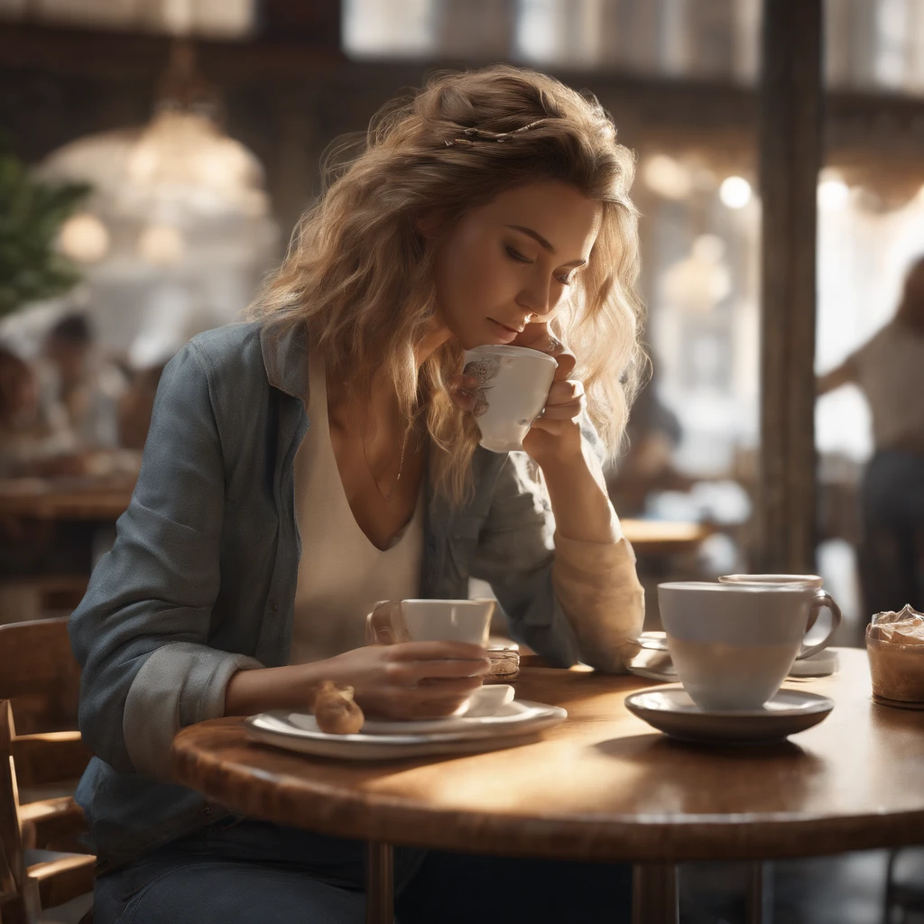(best quality ),(masterpiece),(ultra detailed), ultra high res, (super fine illustration),Casual breakfast style, jeans and t-shirt. Smiling while holding a coffee cup and reading a newspaper at a table in a cafe. A pose that expresses the calm morning atmosphere and cafe culture. , (concept art by Carne Griffiths ) ,stunningly noble, stunningly beautiful ,absurdres,3d render, octane render, approaching perfection , highly detailed clothes ,intricately detailed ,8 life size ,thicc body ,perfect anatomy ,well groomed face ,highly detailed beautiful hair , highly detailed hairstyle, symmetrical and balanced, beautiful gradient , sharp focus, 4k resolution, golden ratio, Centered image, Beautiful Composition, symmetrical and balanced, kanna hashimoto