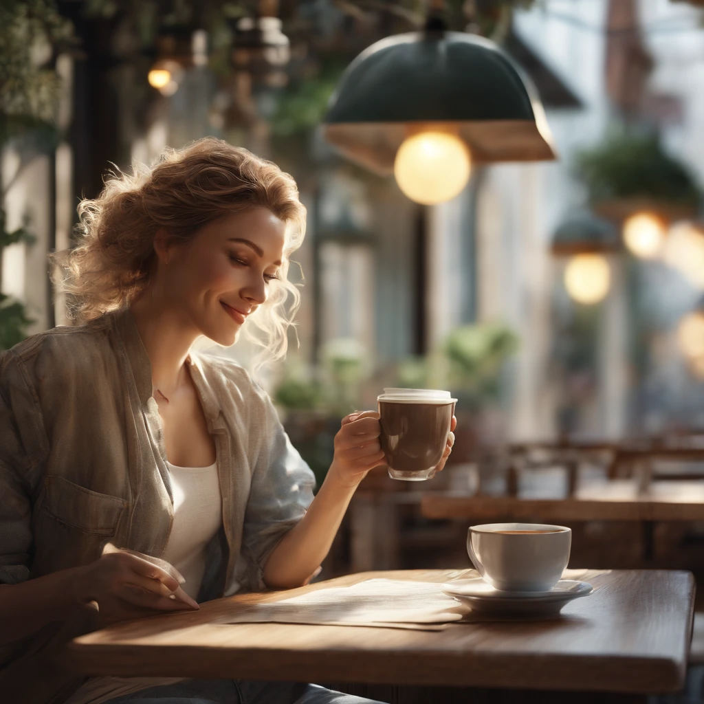 (best quality ),(masterpiece),(ultra detailed), ultra high res, (super fine illustration),Casual breakfast style, jeans and t-shirt. Smiling while holding a coffee cup and reading a newspaper at a table in a cafe. A pose that expresses the calm morning atmosphere and cafe culture. , (concept art by Carne Griffiths ) ,stunningly noble, stunningly beautiful ,absurdres,3d render, octane render, approaching perfection , highly detailed clothes ,intricately detailed ,8 life size ,thicc body ,perfect anatomy ,well groomed face ,highly detailed beautiful hair , highly detailed hairstyle, symmetrical and balanced, beautiful gradient , sharp focus, 4k resolution, golden ratio, Centered image, Beautiful Composition, symmetrical and balanced, kanna hashimoto