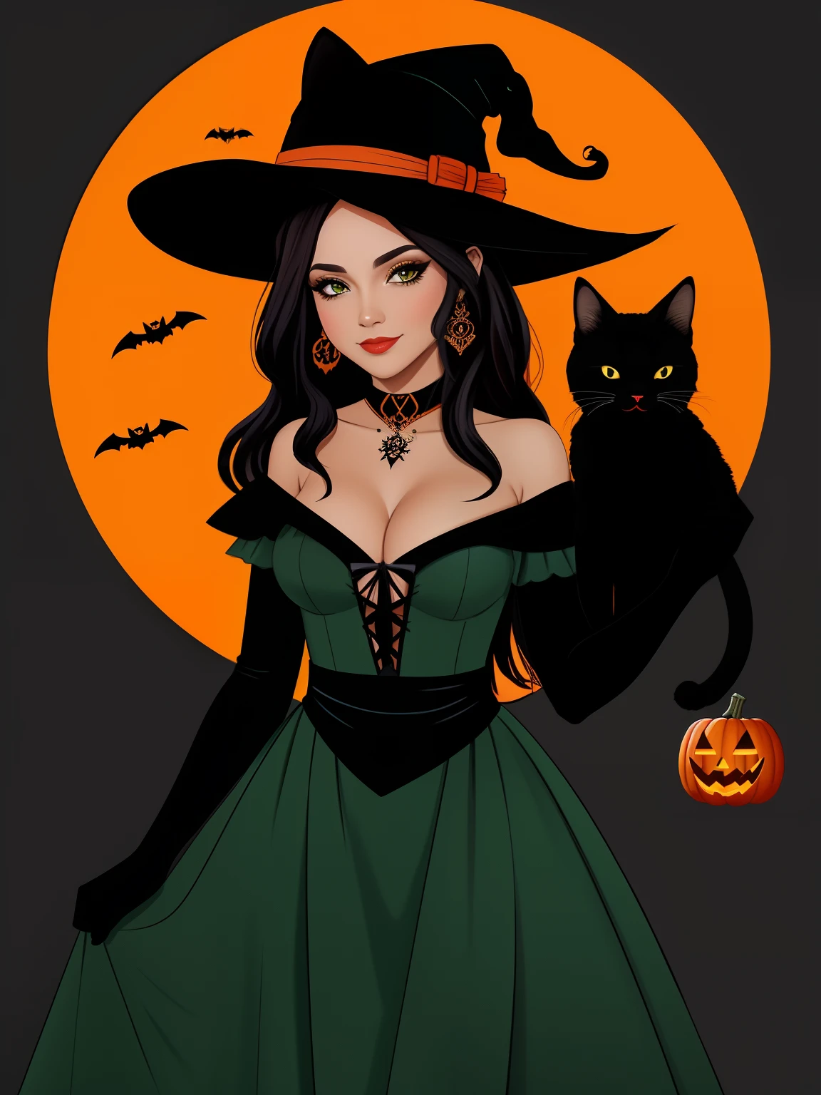 A set of Halloween-themed featuring a beautiful witch women, wearing a witch green dress, hug the black cat, Pumpkin, aranha, e outros itens, folha de flash, flash, spontaneous linework, linha desenho de linha, linha escura, Trabalhos de linha, linha plana, linha de trabalho detalhada, sketches, linha pesada, contornos pretos, arte da linha de tinta preta, linha limpa,
