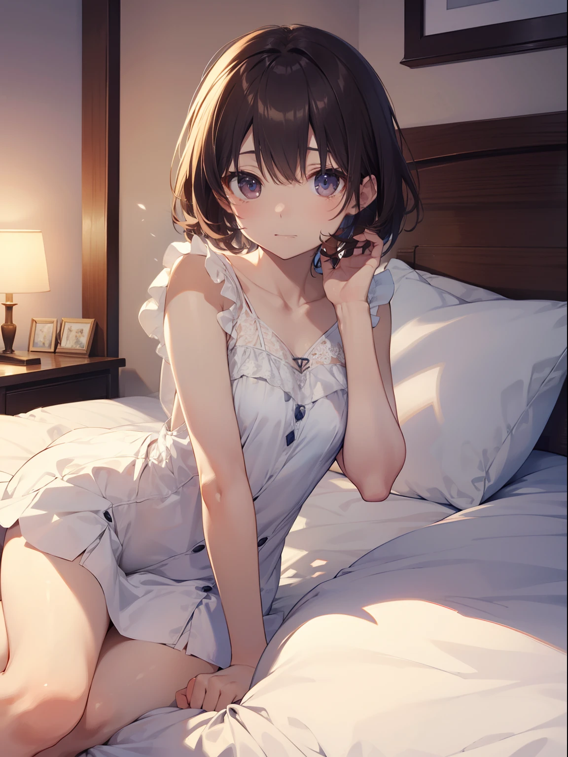 looking at viewer, lying on back, smile, (blush:1.3), sleepwear, (navel:0.3), collarbone, strapless, off sholder, on bed, bed room, parted lips,, 1 girl, solo, , cute, kawaii, nice hands, perfect hands, (slender legs), masterpiece, best quality, ultra high resolution, 18 years old, gray hair, short hair, shaggy cut, brown eyes, soft surface, pastel color,