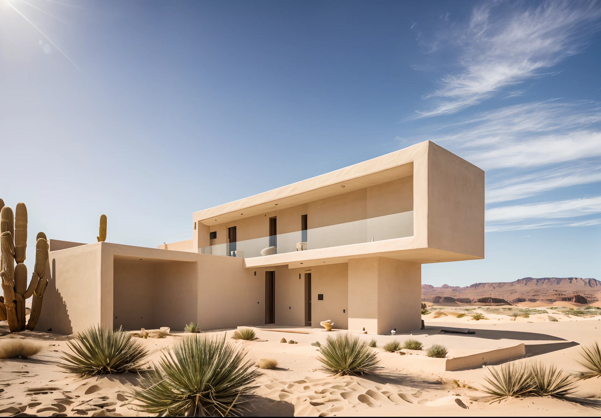 the photo was take in the sunlight on a huge desert, the photo was take in high quality, (masterpiece),(realistic),
an award winning photography of exterior contemporary house in a beautiful sand dune,the house made from beige stucco wall and wood door, ((white and beige color scheme)),
full interior furnitures inside of house and can be seen through the glass, lighting indoor
