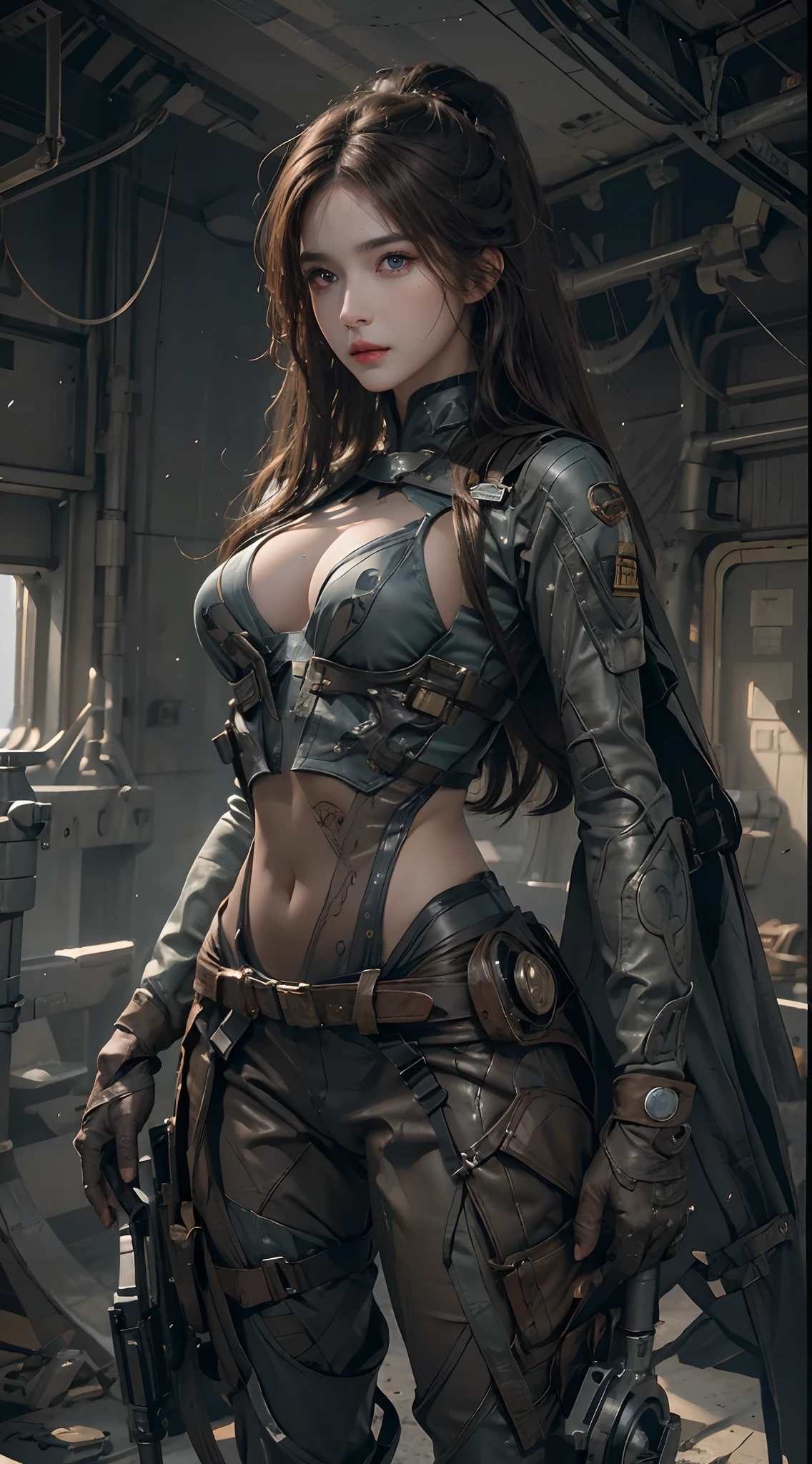photorealistic, high resolution, 1 women, solo, hips up, look at viewer, (detailed face), brown hair, long hair, innocent blue eyes, super detailed face, 8k ultra detailed, soldier