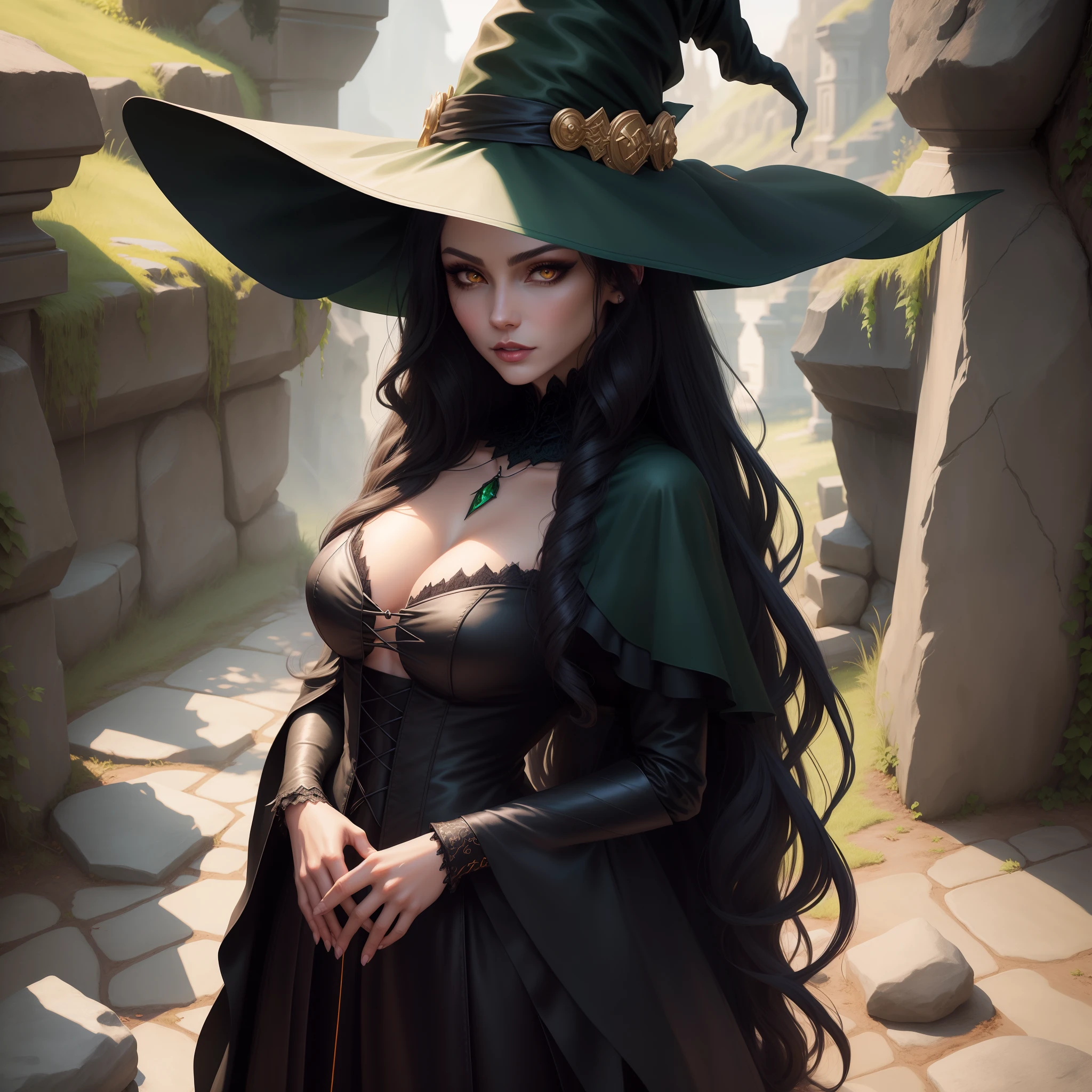 witch in a Emerald color dress and wearing a big witch hat, standing in front of a stone wall, hug the Black Cat In Your Arms, fashionable dark witch, bright witch, extremely detailed artgerm, halloween art style, beautiful witch female, a beautiful sorceress, beautiful sorceress, classical witch, pretty sorceress, castlevania witch, portrait of a witch, ! dream artgerm, style artgerm