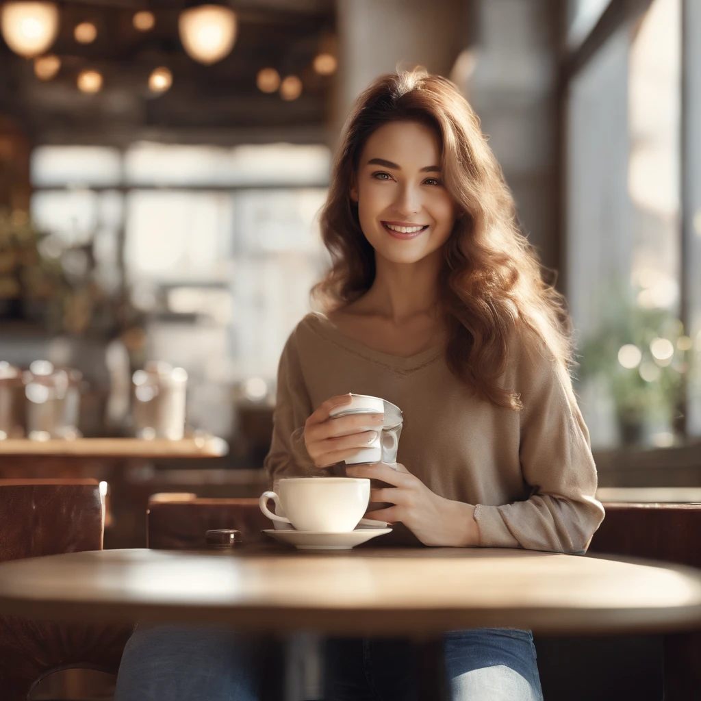 (best quality ),(masterpiece),(ultra detailed), ultra high res, (super fine illustration),Casual breakfast style, kanna hashimoto, jeans and t-shirt. Smiling while holding a coffee cup and reading a newspaper at a table in a cafe. A pose that expresses the calm morning atmosphere and cafe culture. , (concept art by Carne Griffiths ) ,stunningly noble, stunningly beautiful ,absurdres,3d render, octane render, approaching perfection , highly detailed clothes ,intricately detailed ,8 life size ,thicc body ,perfect anatomy ,well groomed face ,highly detailed beautiful hair , highly detailed hairstyle, symmetrical and balanced, beautiful gradient , sharp focus, 4k resolution, golden ratio, Centered image, Beautiful Composition, symmetrical and balanced.