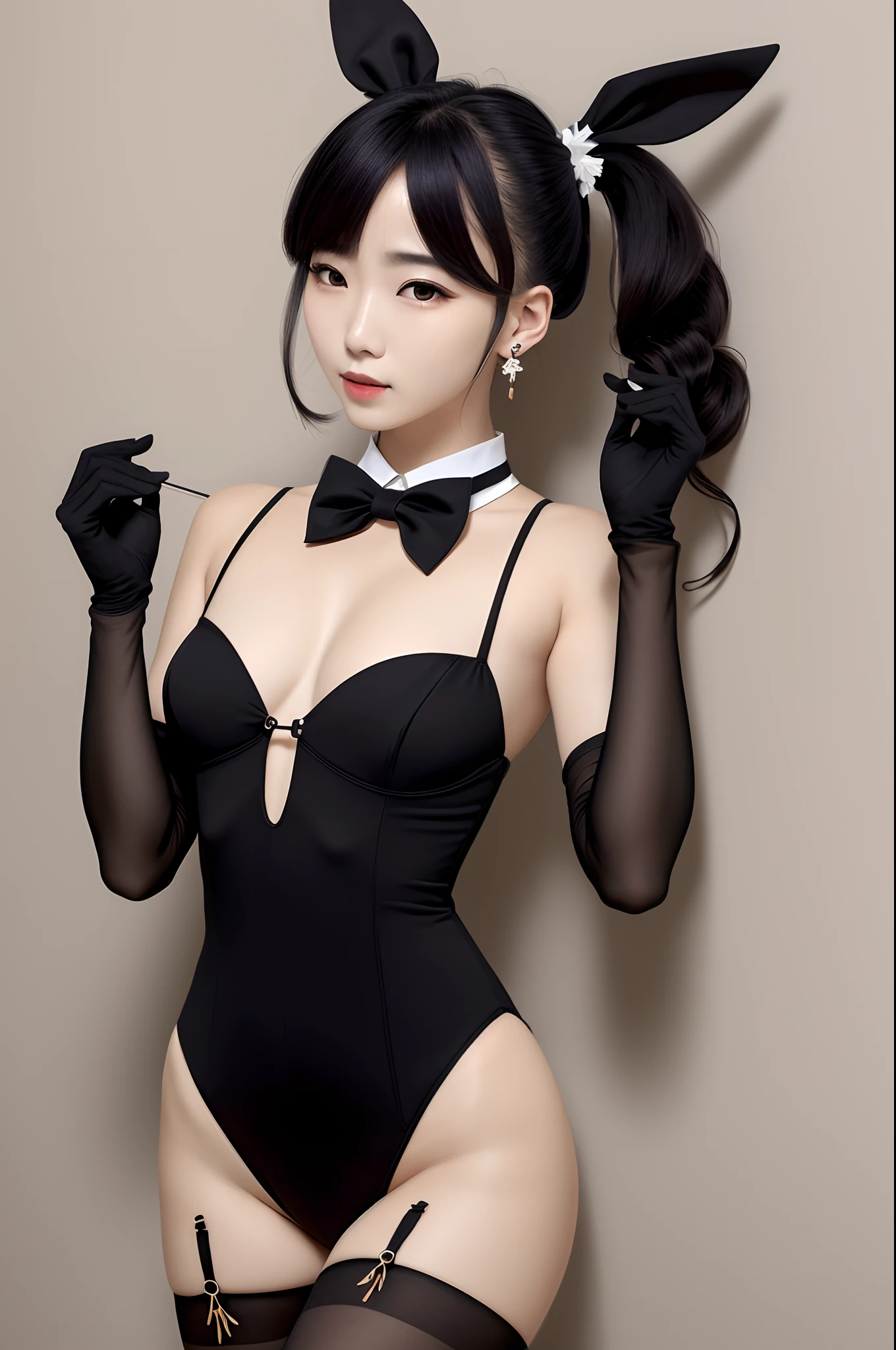 high quality, masterpiece, color photo, 1female, 20 years female, japanese woman, pierced earrings, bunny suit, cloth gloves, bow tie,  black pantyhose, leotard,  twintail,