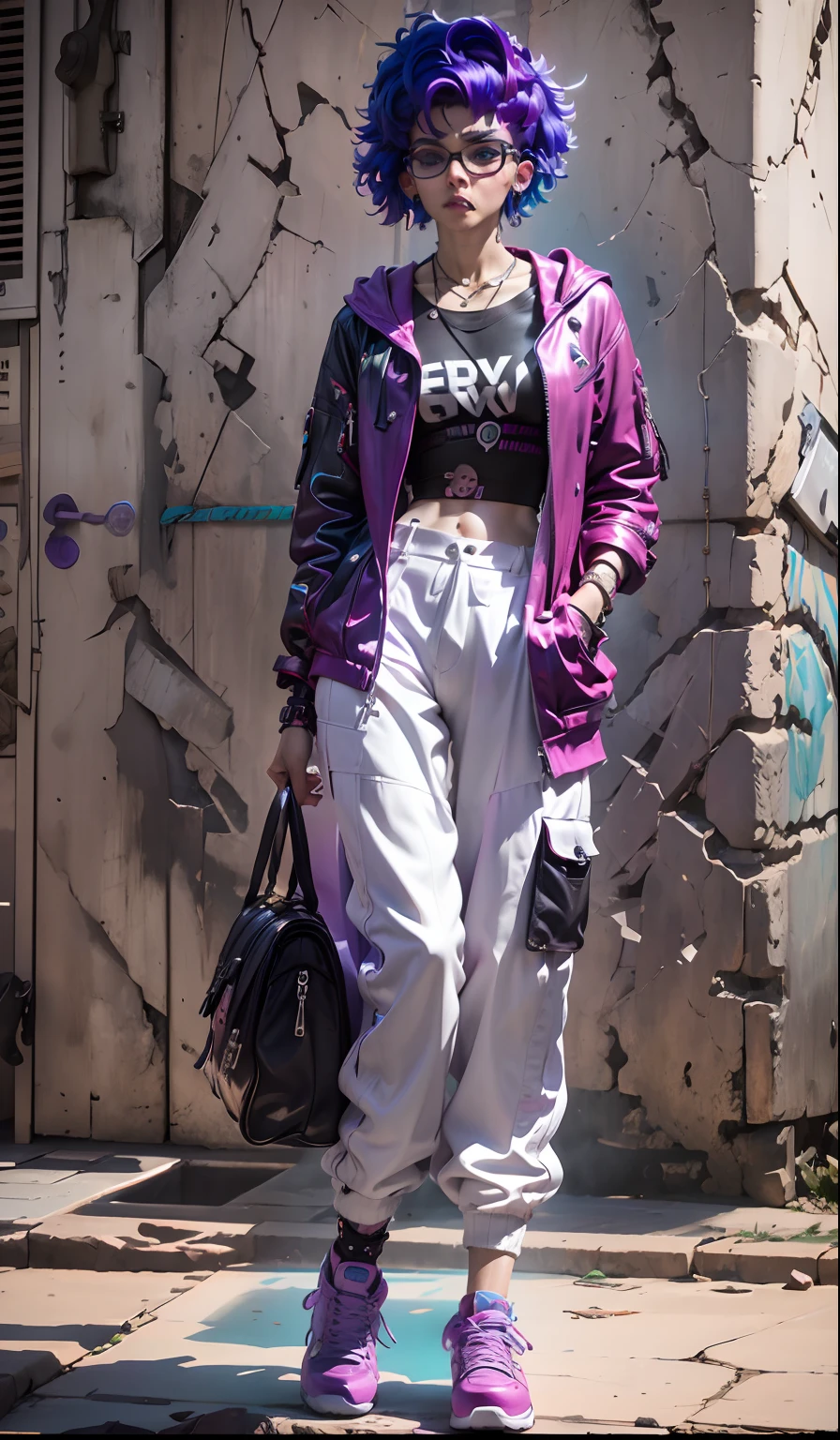 Make a more detailed face, rosto oval meio redondo, Ela parece uma mistura de Grimes, parece uma mistura de grimes, assemelhando-se a uma mistura de grimes, parece uma mistura de grimes, 19 anos, androgynous person, piercings e um moicano, short purple hair with messy undercut, brincos enormes, Cords and queer makeup, acid pixie, Molly do romance Neuromancer