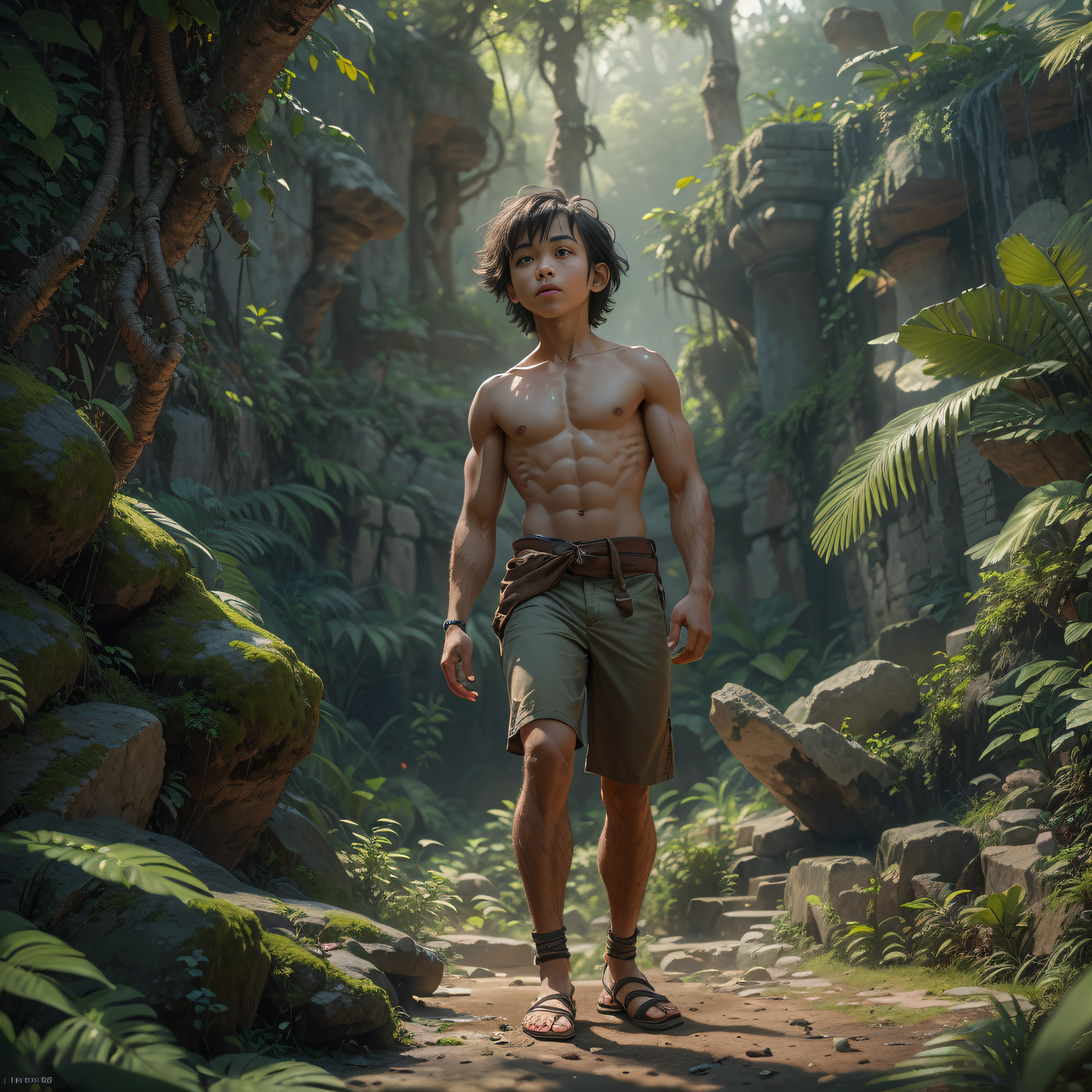 ((8 )), Athletic Tarzan, partially upper body, lower body uncovered from thighs to feet, (((short hair))), intricate muscular details, photorealistic artwork, 4K quality. Background: Dense jungle with ancient ruins,32k uhd, best quality, masterpiece, super detail, high details, photo-realistic, octane render, unreal engine, ultra-realistic