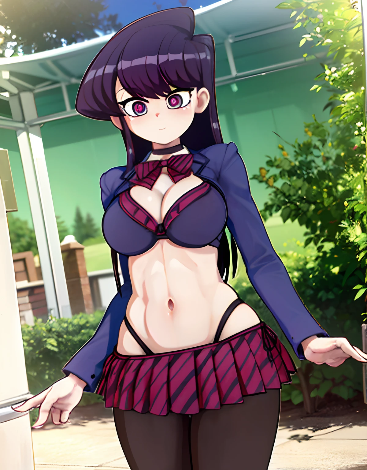 ((komi shouko)), 1girl, bangs, blush, (no mouth, no nose:1.4), big eyes, flustered, panic,background, highres, (komi-san wa komyushou desu), long hair, looking at viewer, medium breasts, (big eyes), purple hair, solo, swept bangs, masterpiece, best quality, ultra detailed, art station, 1girl, romanticism, solo, (detailed face), cute face, blush:1.2, (heart shaped pupil:1.4), seductive smile, gasp, steam, (big eyes), panic, flustered, wind swept hair, cute choker, black choker, bowtie, (((tight school uniform))), mini school uniform, (cropped school unform), (bikini:1.6), medium large boobs, perky boobs, puffy , perky , cleavage visible, showing off cleavage, showing off midriff, (showing off belly), abs, slightly muscular abs, accurate belly button, accurate lower belly, (slim waist), (wide hips), (panty strings:1.1), (((thong strings:1.1))), mini skirt, thick thighs, muscular thighs, thigh highs, looking at viewer, (dutch angle:1.2),facing the viewer, (background in a garden:1.4), (dappling sunlight:1.2), (vibrant colours:1.2), bright colours