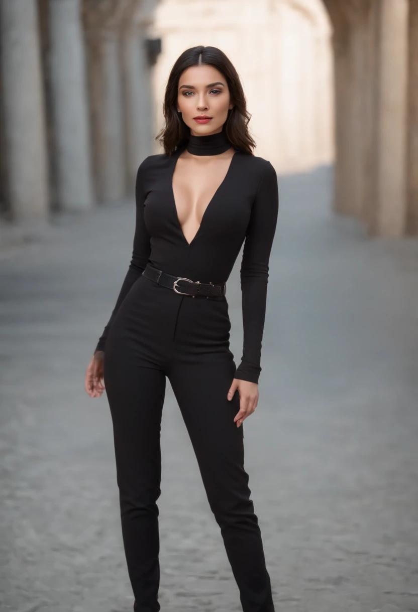 emilisia gomezi, tall, gorgeous, spanish descent, age 23, smooth skin, black hair. red color turtle neck, black fitting pants, simple silver necklace, working at the underground base, highly detailed, well lit, 8k, reviewing artifacts, holding a long whip. amazing detail, slim curvy, tall, wearing black, cleavage, walking towards you, full body shot