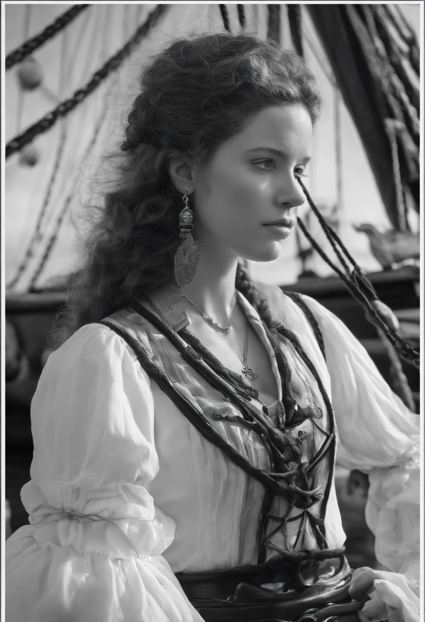 black and white photograph of a young pirate woman with a majestic and dark sailing ship in the background, high resolution