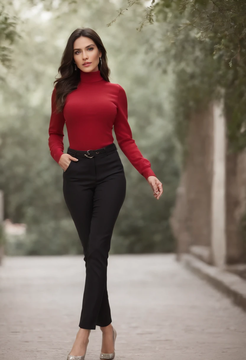 emilisia gomezi, tall, gorgeous, spanish descent, age 23, smooth skin, black hair. red color turtle neck, black fitting pants, simple silver necklace, working at the underground base, highly detailed, well lit, 8k, reviewing artifacts, holding a long whip. amazing detail, slim curvy, tall, wearing olive green, cleavage, walking towards you, full body shot, showing her detailed feet, toes, nails done in red