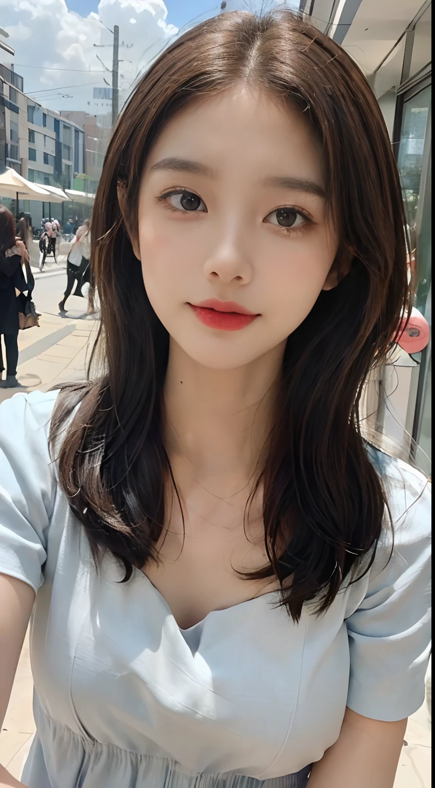 ((Best picture quality, 8K, tmasterpiece: 1.3)), self-shot, Sharp focus: 1.2, A cute beauty with a perfect figure: 1.4, Slim big breasts, ((Brown hair black)) , (Small flesh-colored dress,Highly detailed face,Happy expression,standing on your feet:1.2),((A city with blue skies and white clouds,At the cafe:1.3. Produced with a major focus on women)),Highly detailed facial and skin texture,Detailed eyes,二重まぶた