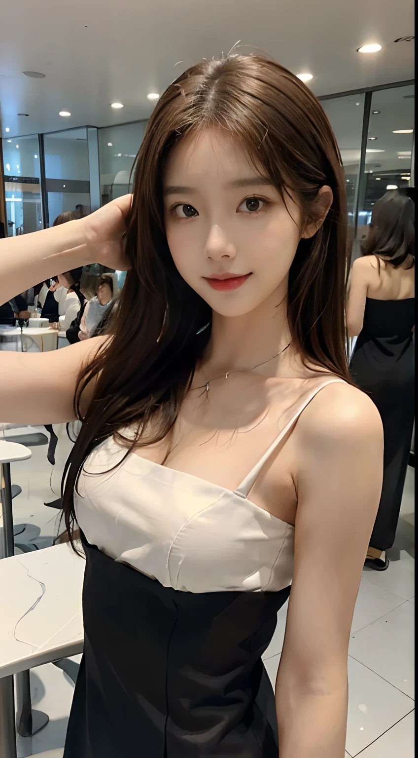 ((Best picture quality, 8K, tmasterpiece: 1.3)), self-shot, Sharp focus: 1.2, A cute beauty with a perfect figure: 1.4, Slim big breasts, ((Brown hair black)) , (Small flesh-colored dress,Highly detailed face,Happy expression,standing on your feet:1.2),((A city with blue skies and white clouds,At the cafe:1.3. Produced with a major focus on women)),Highly detailed facial and skin texture,Detailed eyes,二重まぶた