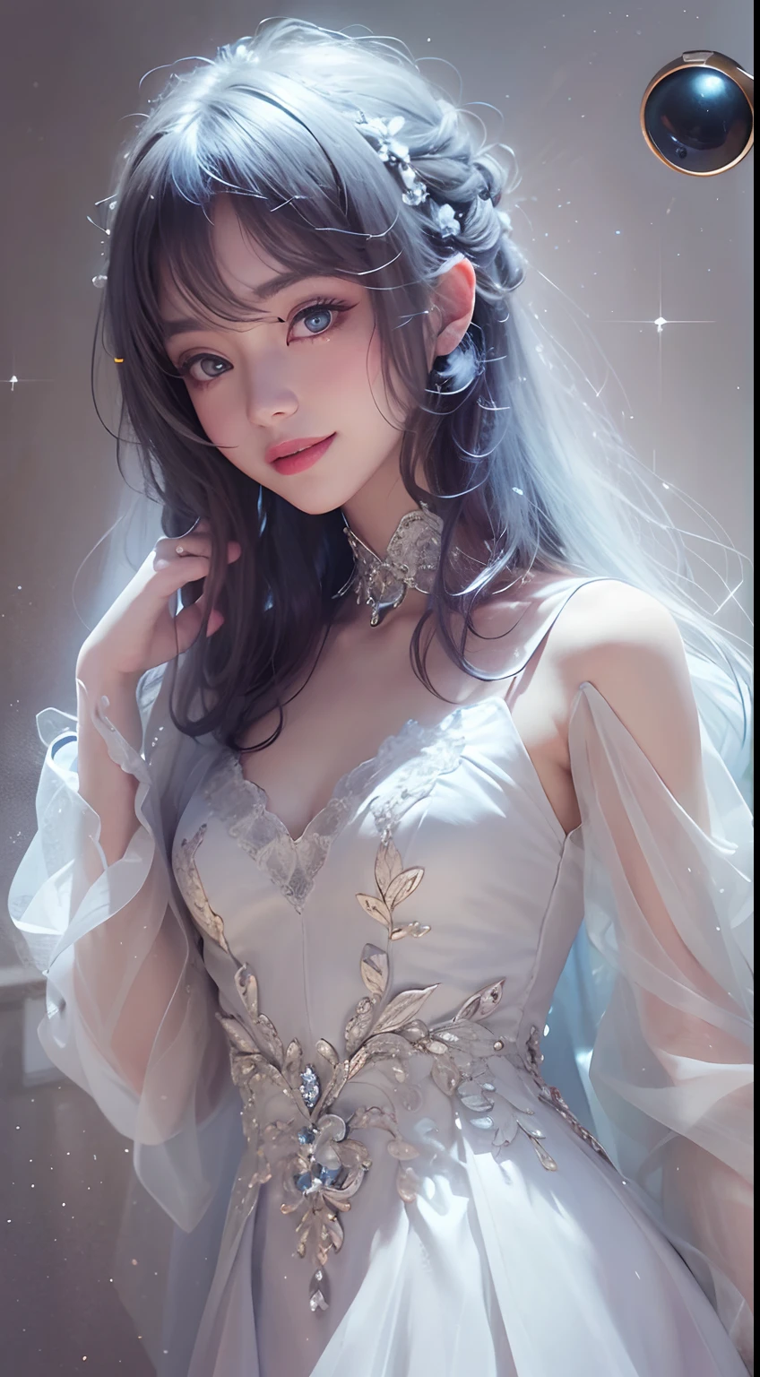 1girll,（enchanced quality：1.4），（Top quality true texture skin), Delicate face,Black hair, Gradient hair, Petite body, rimless eyewears, Sparkling pupils，long eyelasher,grin, hyper photorealism,（bust）， Cinematic lighting, projected inset, surrealism, hyper HD, Masterpiece, 16k，Lie down，dream on，white dresses，Carmelto,Fantasy space，Luxurious space，（dream magical），sparkling