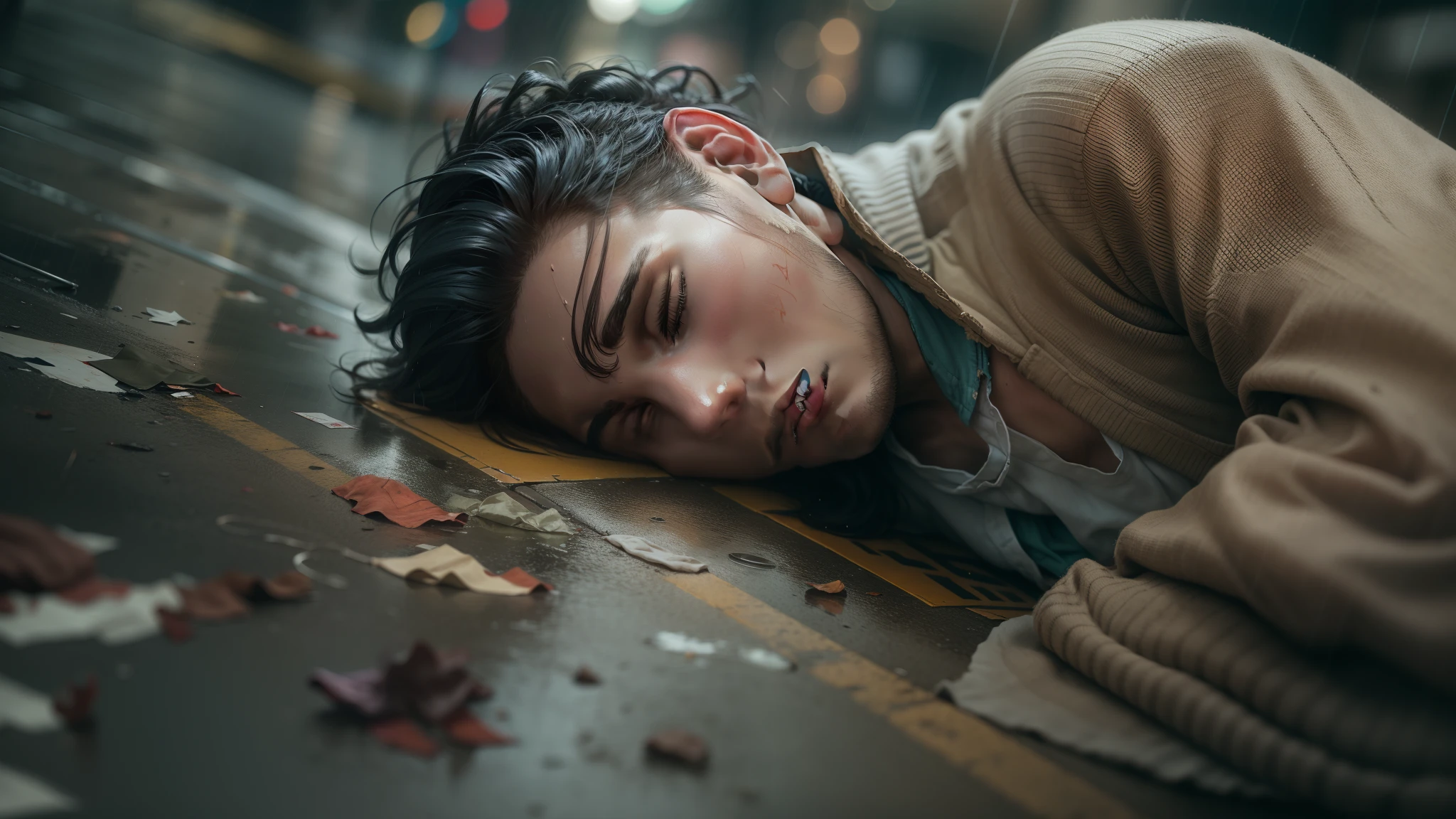 A young man sleeps in the street,The rain fell on her tattered clothes