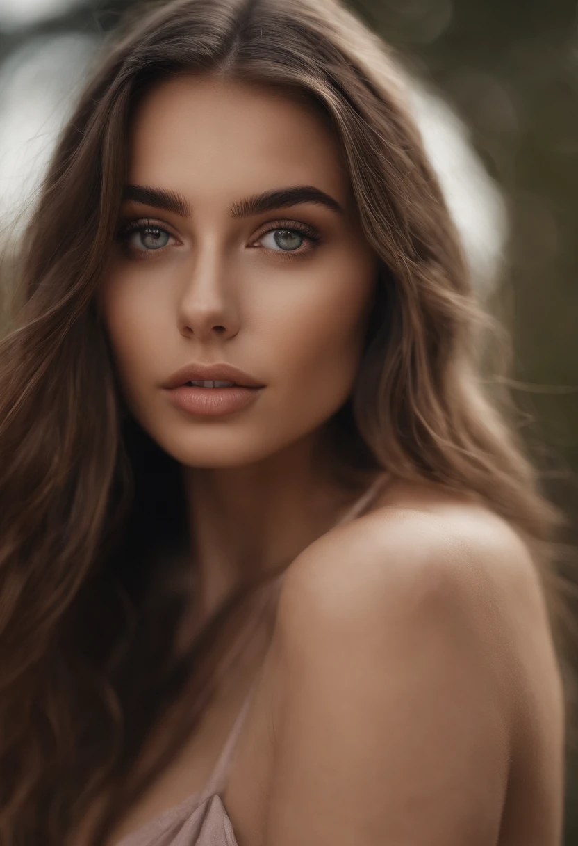 Arafed woman completely , fille sexy aux yeux bruns, ultra realist, Meticulously detailed, natural, Reality, sublime, Portrait Sophie Mudd, cheveux bruns et grands yeux, , jeune femme, yeux mielleux, Violet Myers, sans maquillage, maquillage naturel, looking straight at camera, Visage avec Artgram, Maquillage subtil, Great photo of the whole body kneeling on the bed, dans la chambre, visage