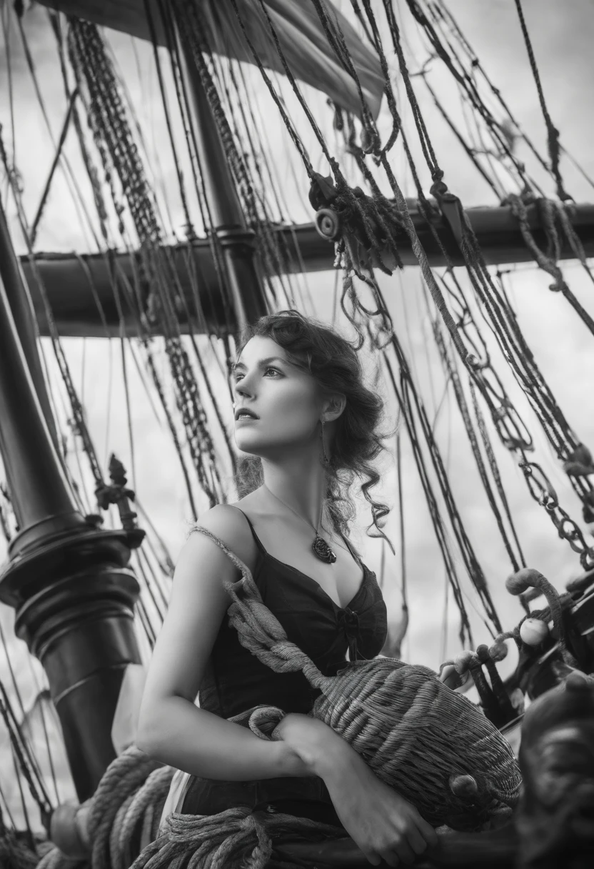 black and white photograph of a young pirate woman with a majestic and dark sailing ship in the background